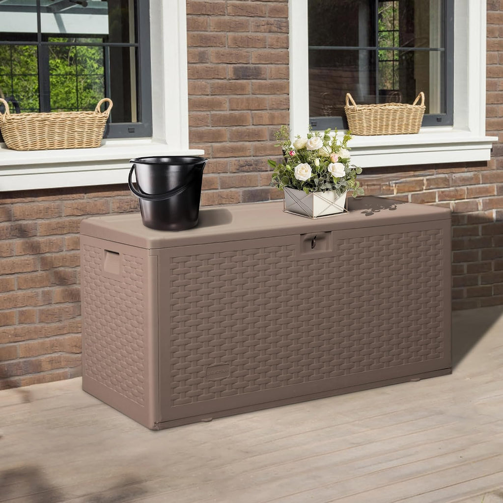 Outdoor Storage Box Waterproof, 73 Gallon Pro Lockable Resin Deck Box Large, Patio Storage Bin for Pool Accessories Cushion Furniture, Garden Tools, UV-Resistant Outside Delivery Brown