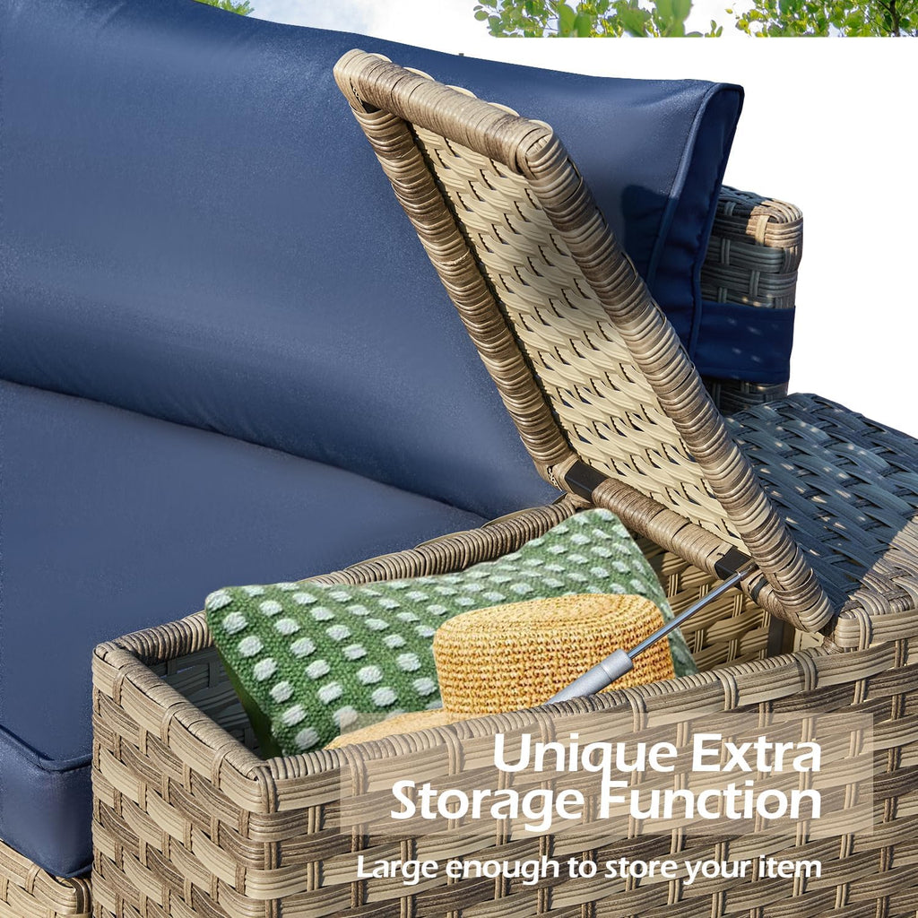 ECOTOUGE Patio Furniture Set, 4 Piece Half-Moon Sectional Round Patio Furniture Set, Wicker Cushion Sofa with 2 Storage Side Table for Pool Backyard Patio Garden(Blue)