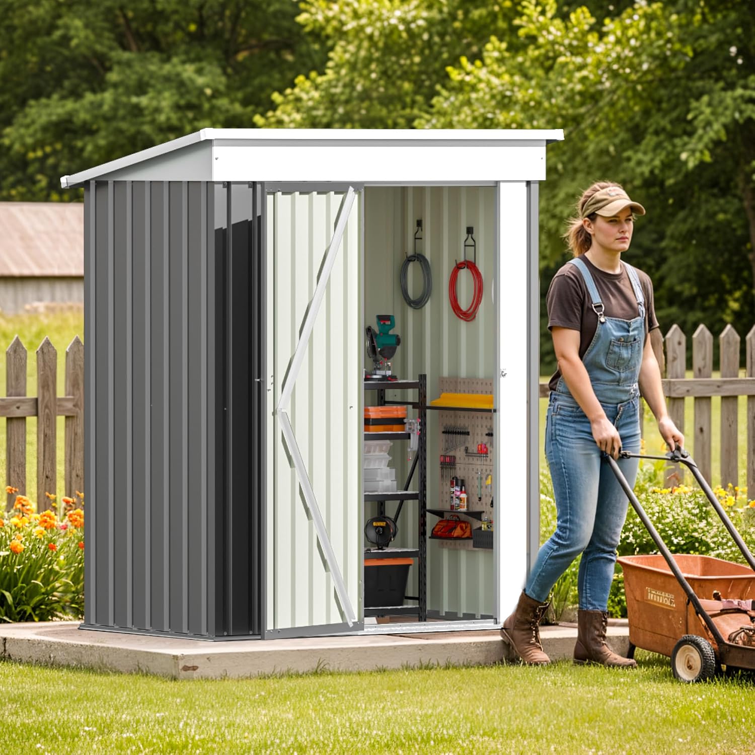 Patiolife 5x3 FT Outdoor Storage Shed, Metal Shed with Lockable Door & Sloping Roof, Steel Tool Shed for Backyard Patio Lawn, Grey