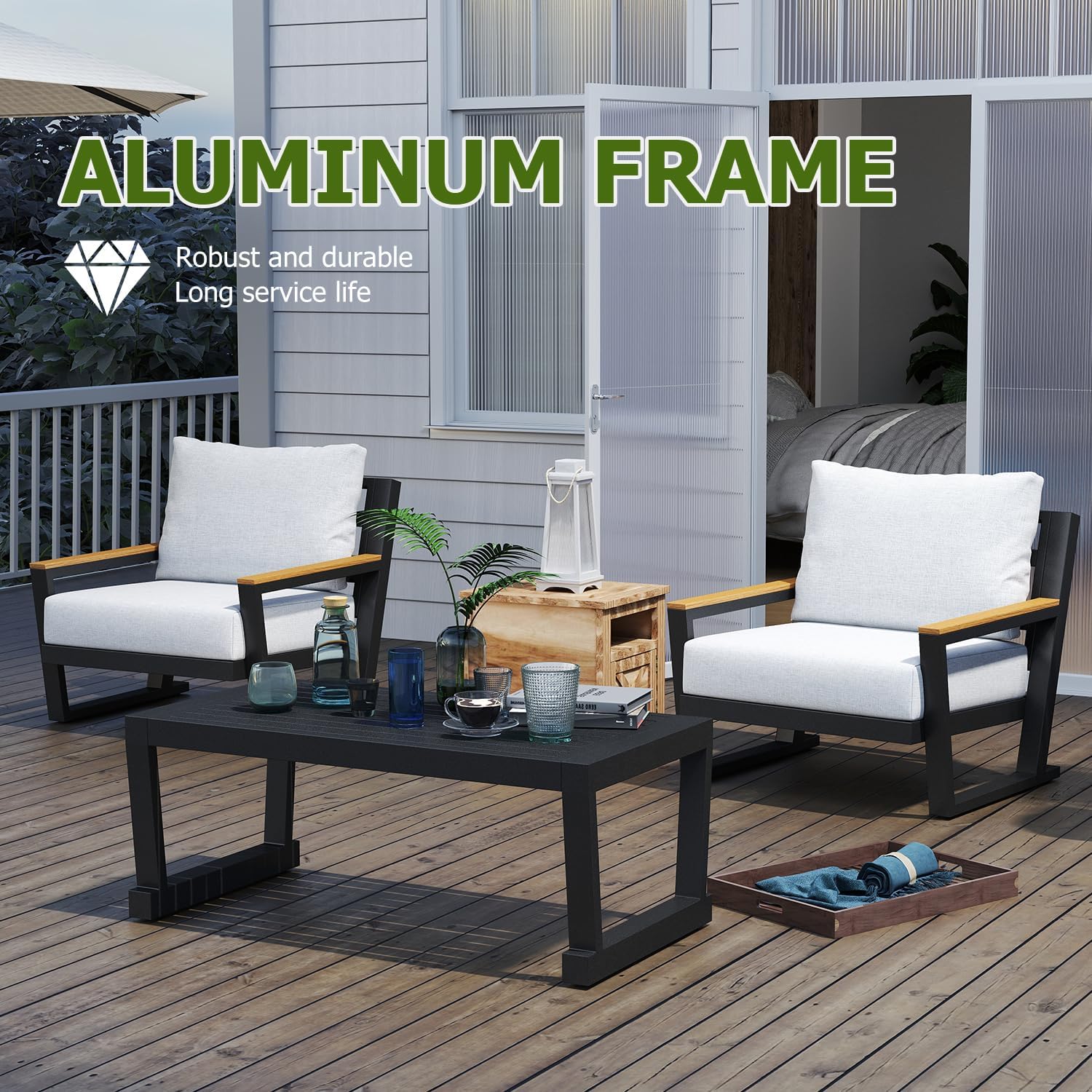 Aluminum Patio Furniture Set, All Weather Rust Proof Outdoor Conversation Set with Washable Cushions, Metal Frame Sofa for Poolside Backyard Garden Balcony Grey