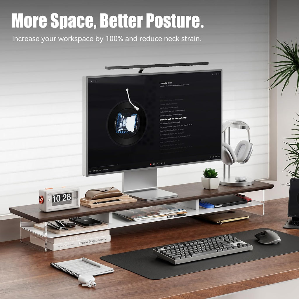 FENSULN Dual‑Tier Monitor Stand for Modern Desk Setup – Minimalist Wooden and Metal Riser Shelf with Transparent Acrylic Feet for Dual Monitors, Laptops, Home Office Aesthetic，Brown and White