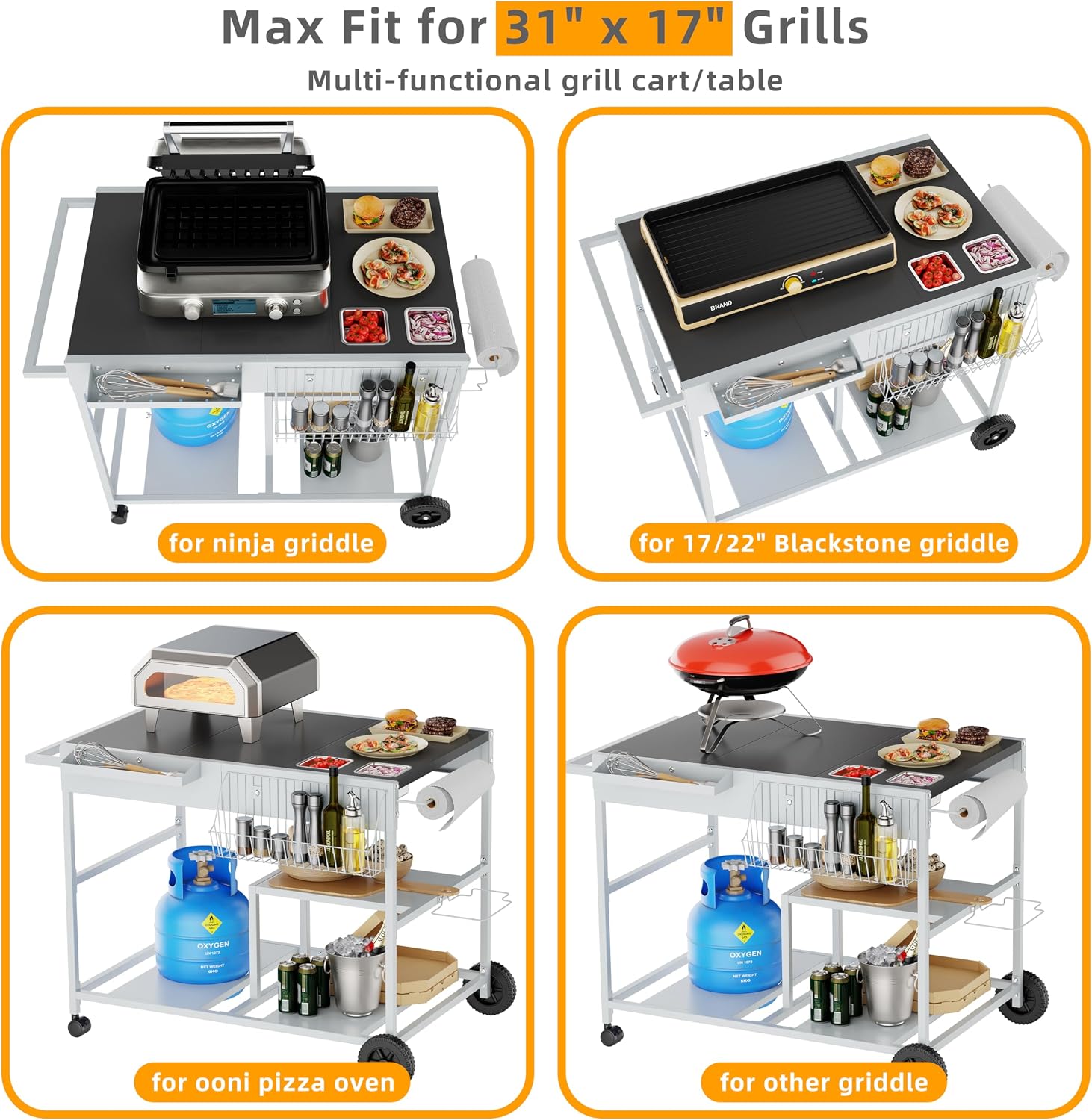 Vongrasig Pizza Oven Cart with Topping Station, Outdoor Grill Table Kitchen Island with Storage for Ninja Woodfire Blackstone Griddle Cuisinart etc Grill, Silver