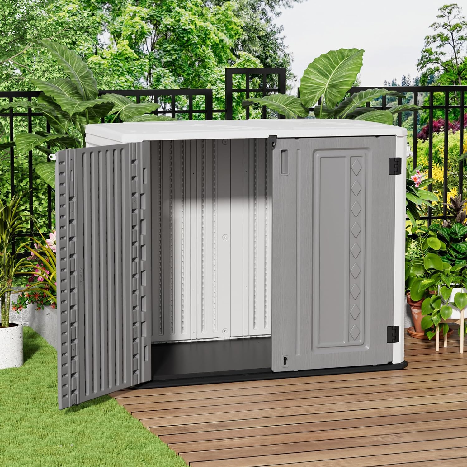 Mrosaa Outdoor Storage Shed Waterproof, Horizontal Outdoor Storage Cabinet for Garbage Cans,Tools and Lawnmower Lockable(34 Cu.ft-Gray and White)