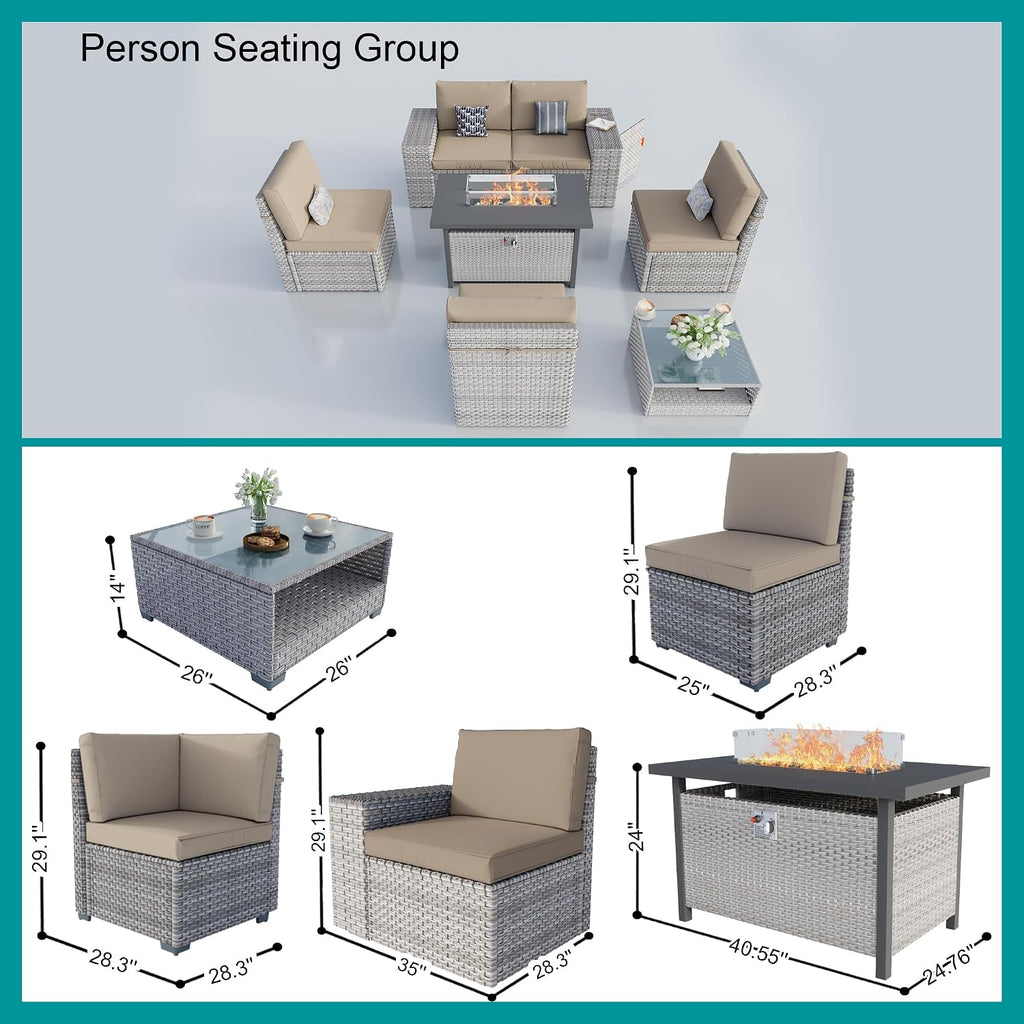 7-Piece Patio Furniture Set, Outdoor Extra Wide Armrest Modular Patio Sofa with Fire Pit Table, Dual-Strand Rattan Wicker High Back Large Seat Furniture for Backyard Porch Garden Balcony, Khaki