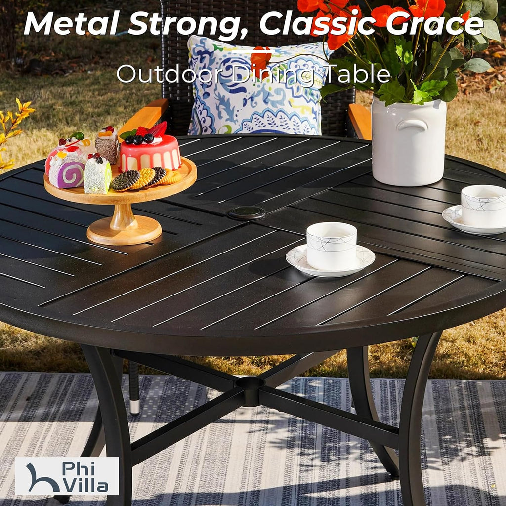 PHI VILLA 5 Pieces Outdoor Dining Set for 4 with Umbrella, 42' Large Round Metal Steel Table & Stackable Iron Chairs with Cushions & 10ft Beige Umbrella, Modern Furniture for Patio, Deck, Yard, Porch