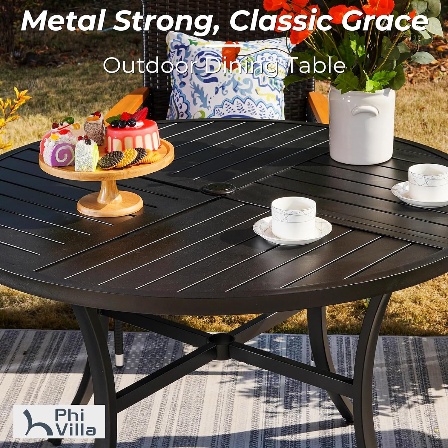 PHI VILLA 5 Pieces Outdoor Dining Set for 4 with Umbrella, 42' Large Round Metal Steel Table & Stackable Iron Chairs with Cushions & 10ft Beige Umbrella, Modern Furniture for Patio, Deck, Yard, Porch