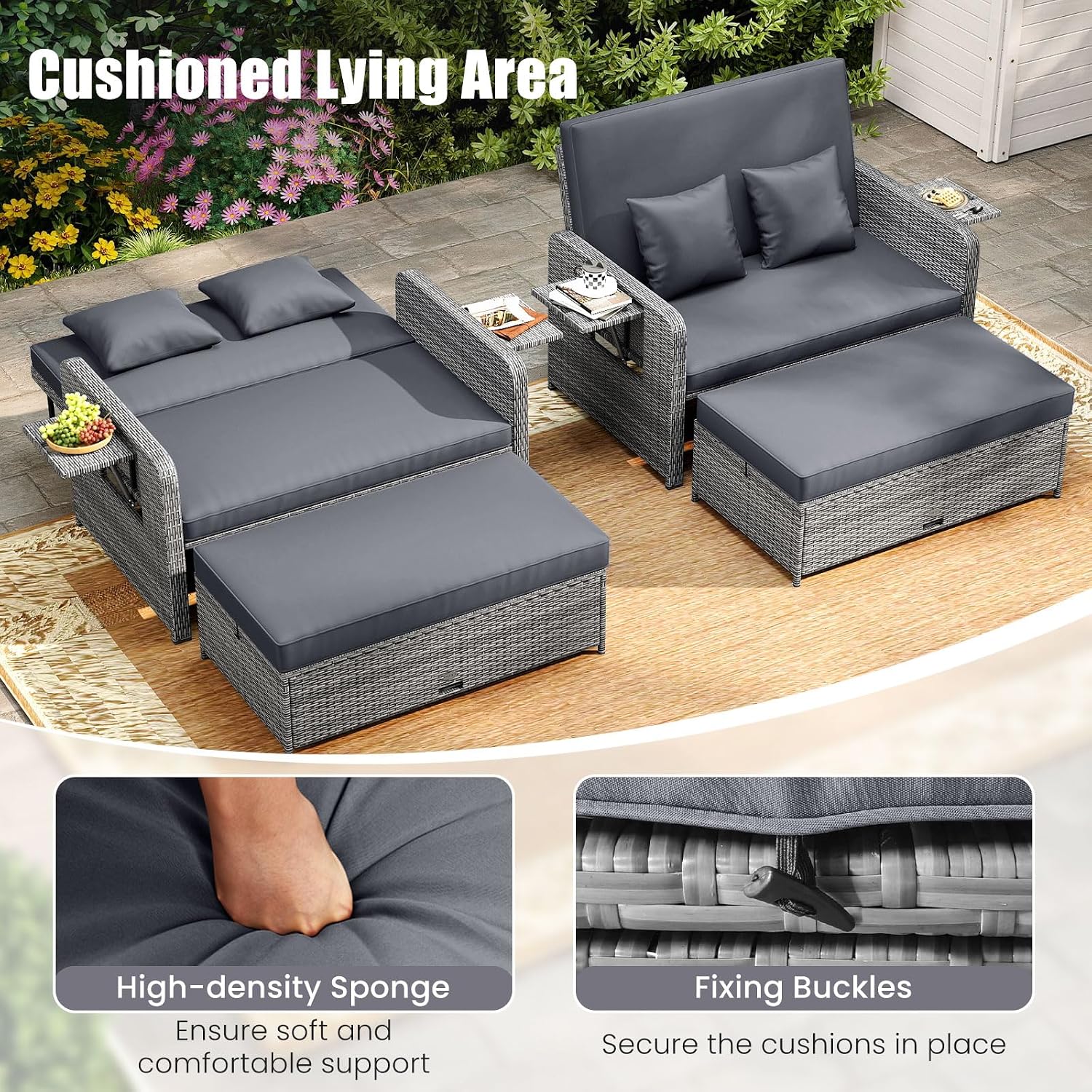 Tangkula Patio Rattan Daybed with 4-Level Adjustable Backrest, Outdoor PE Wicker Loveseat with Storage Ottoman & Folding Side Table, Double Sunbed for Balcony, Backyard & Poolside, Grey