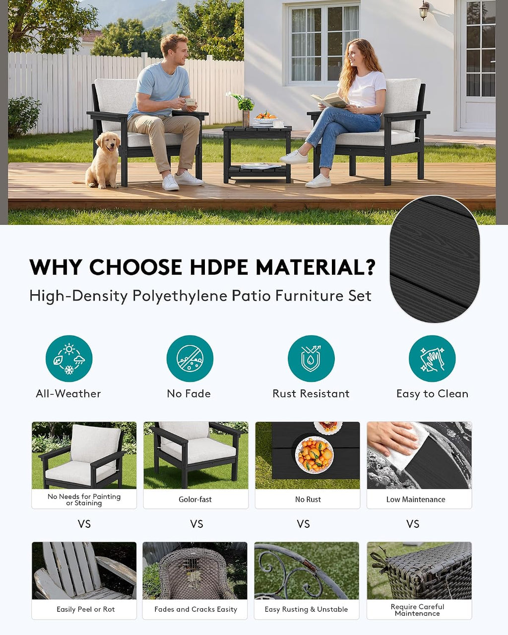 SERWALL HDPE Patio Sofa Set, 3-piece Sectional Outdoor Furniture Set, All Weather Outdoor Couch Set Patio Furniture Set for Deck, Lawn, Black Frame with Khaki Cushion