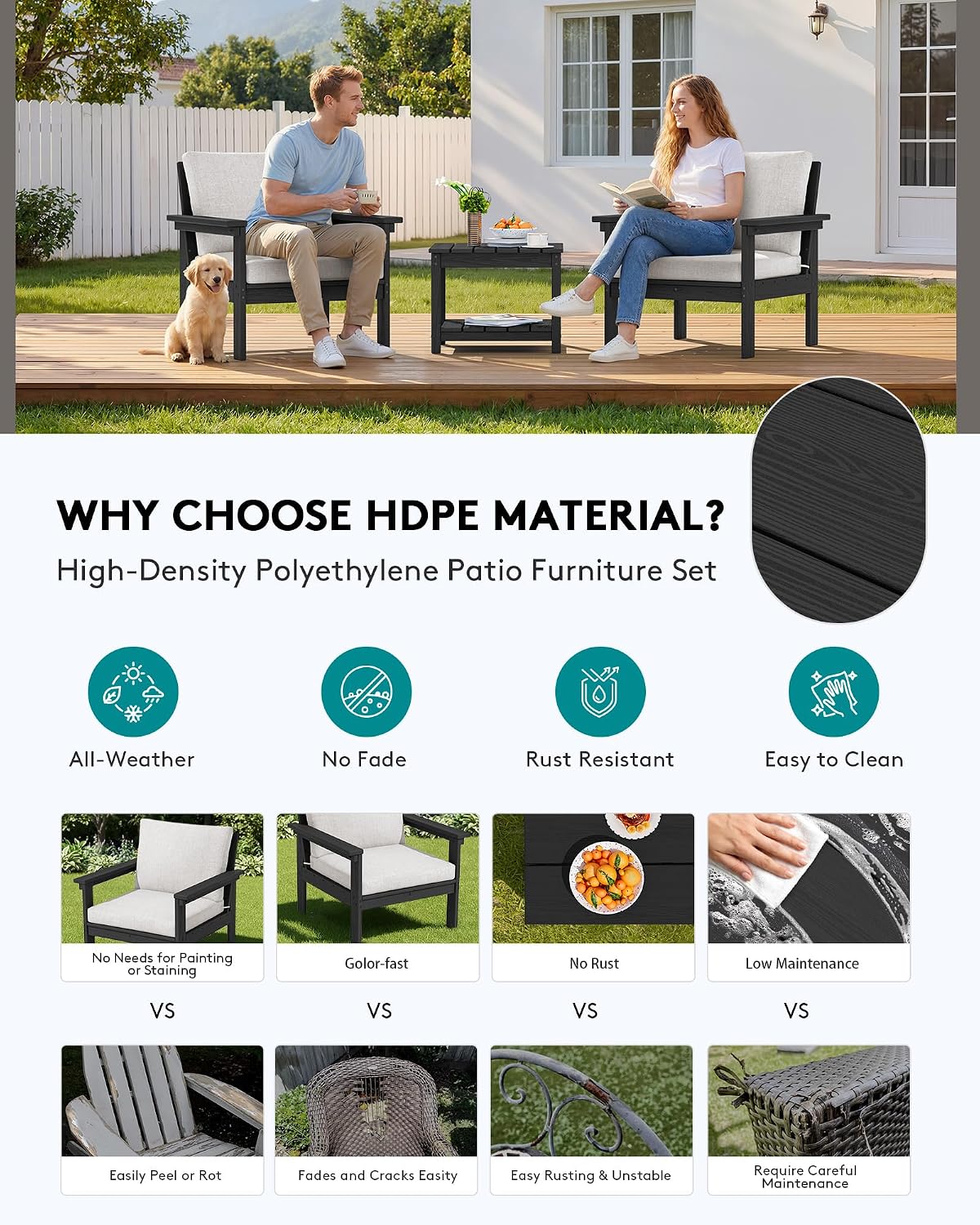 SERWALL HDPE Patio Sofa Set, 3-piece Sectional Outdoor Furniture Set, All Weather Outdoor Couch Set Patio Furniture Set for Deck, Lawn, Black Frame with Khaki Cushion