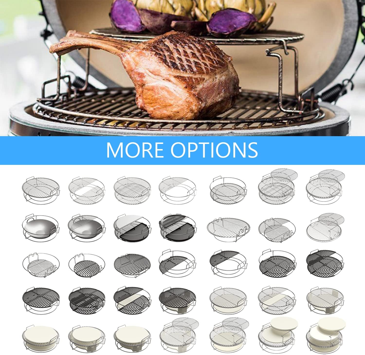 5 Piece Replacement Kit for Big Green Egg Large, Rack for Eggspander 5 Piece Kit Conveggtor Basket 304 Stainless Steel Grill Stack Rack with Removable Cooking System Expander Rack