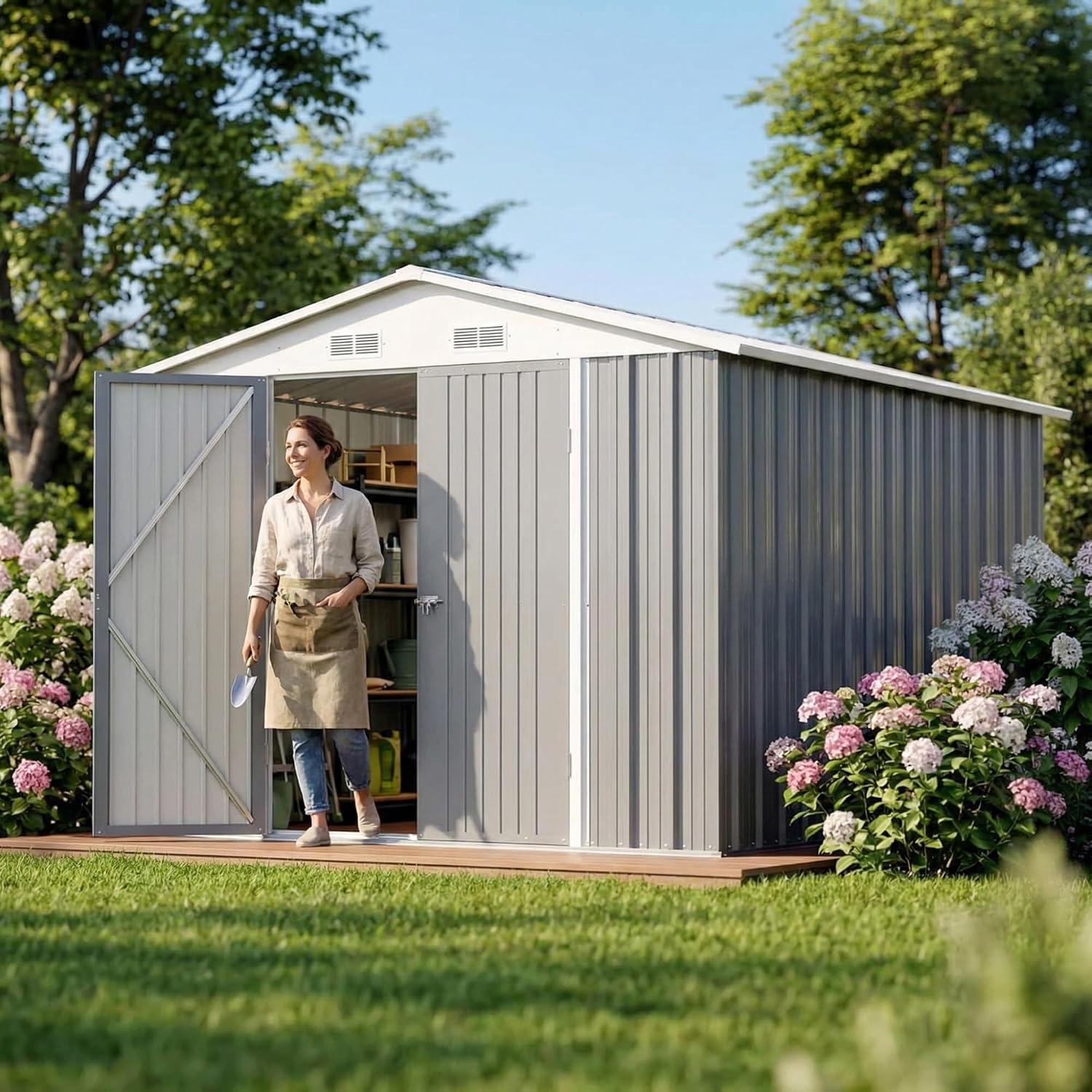 Devoko 8x12 FT Outdoor Storage Shed, Metal Tool Shed with Lockable Door&Slooping Roof, Outside Large Utility Storage for Garden Backyard Patio(Gray)