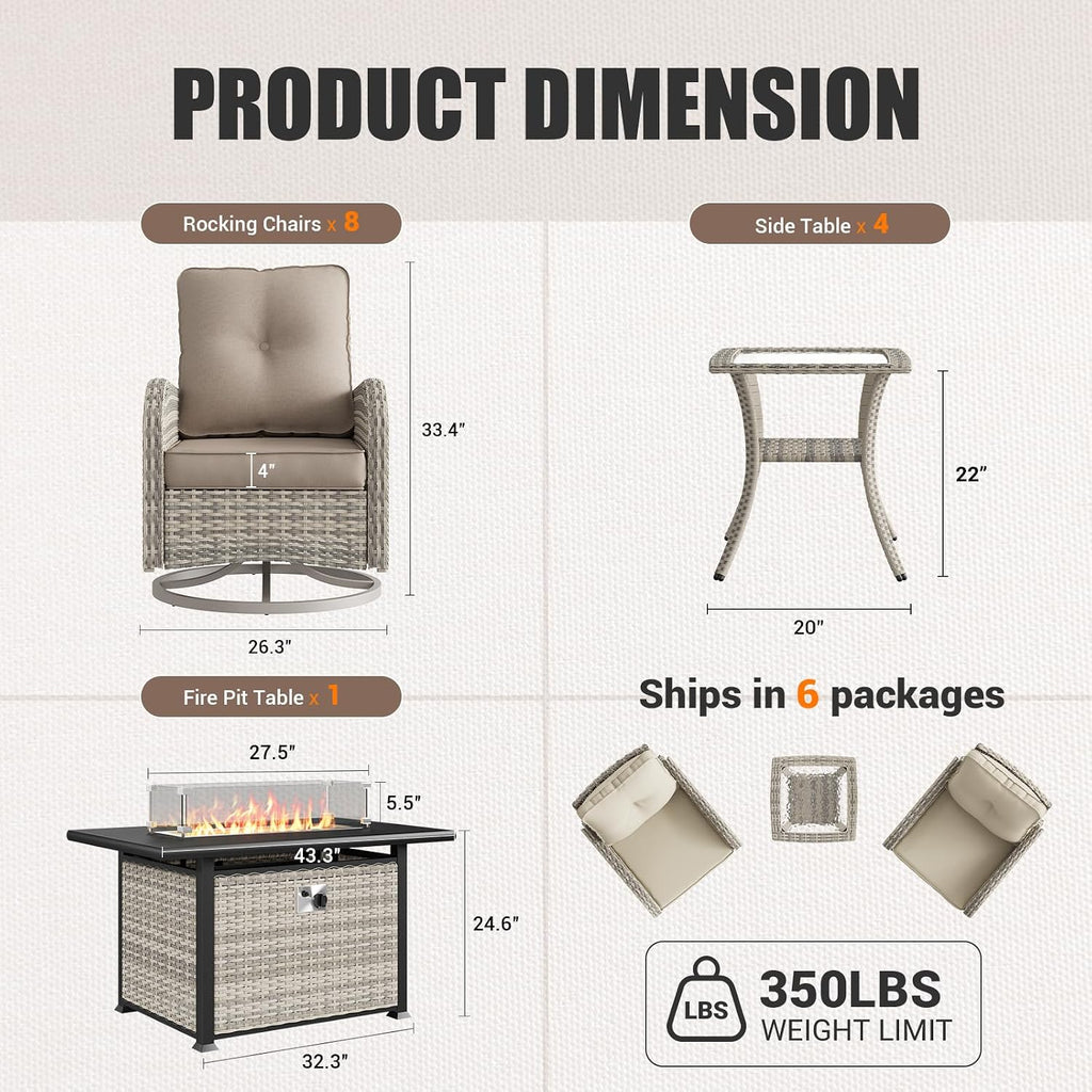 13Pcs Patio Rocking Swivel Chair with 55,000 BTU Fire Pit Table Outdoor Wicker Rattan Bistro Set with Tempered Glass Side Table, Outdoor Patio Furniture Set for Garden and Balcony, Beige