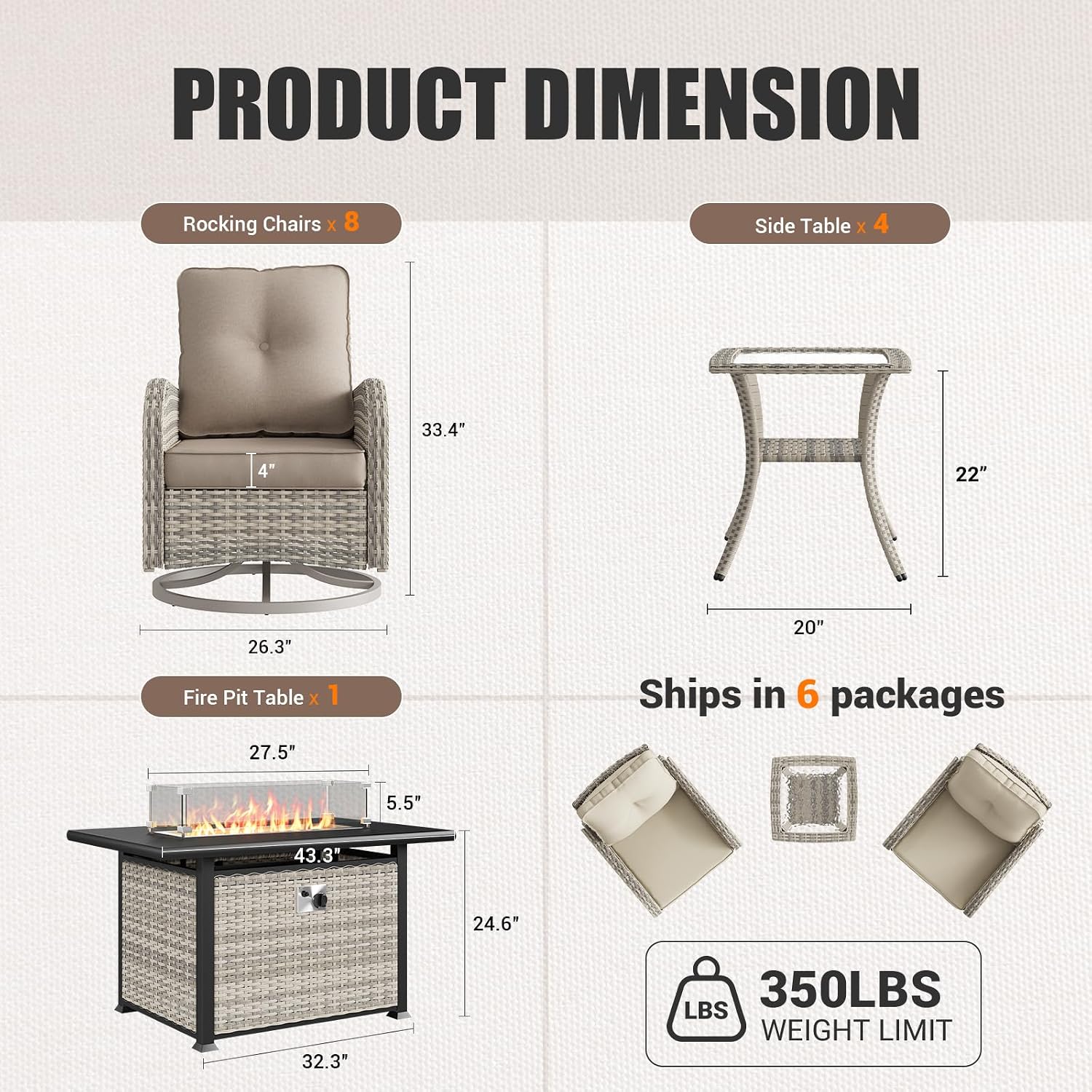13Pcs Patio Rocking Swivel Chair with 55,000 BTU Fire Pit Table Outdoor Wicker Rattan Bistro Set with Tempered Glass Side Table, Outdoor Patio Furniture Set for Garden and Balcony, Beige