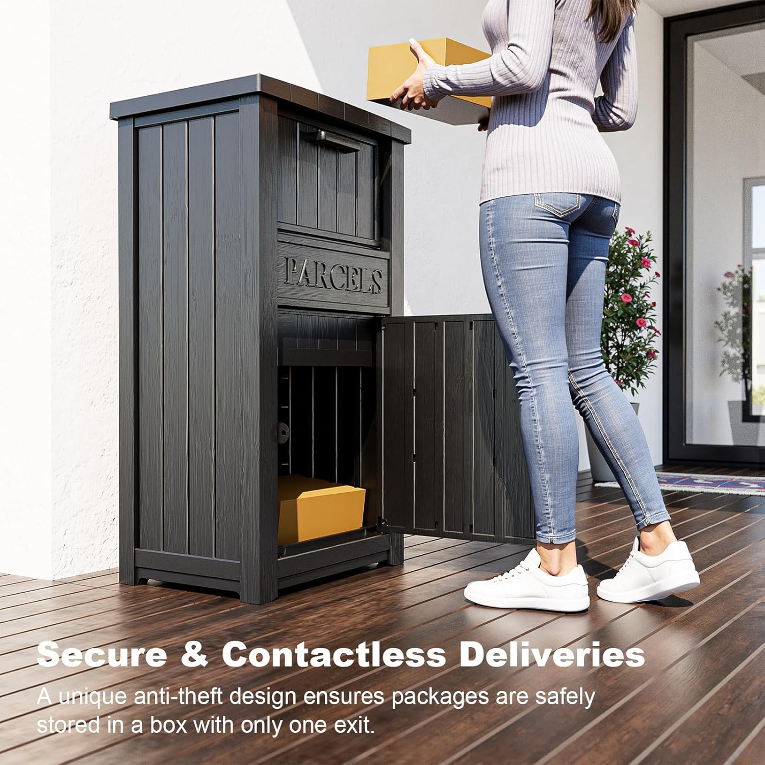 Package Delivery Box for Outside, Large Parcel Drop Box with Lockable Secure, Waterproof and Anti-Theft Storage for Porch, Curbside, House (Black)