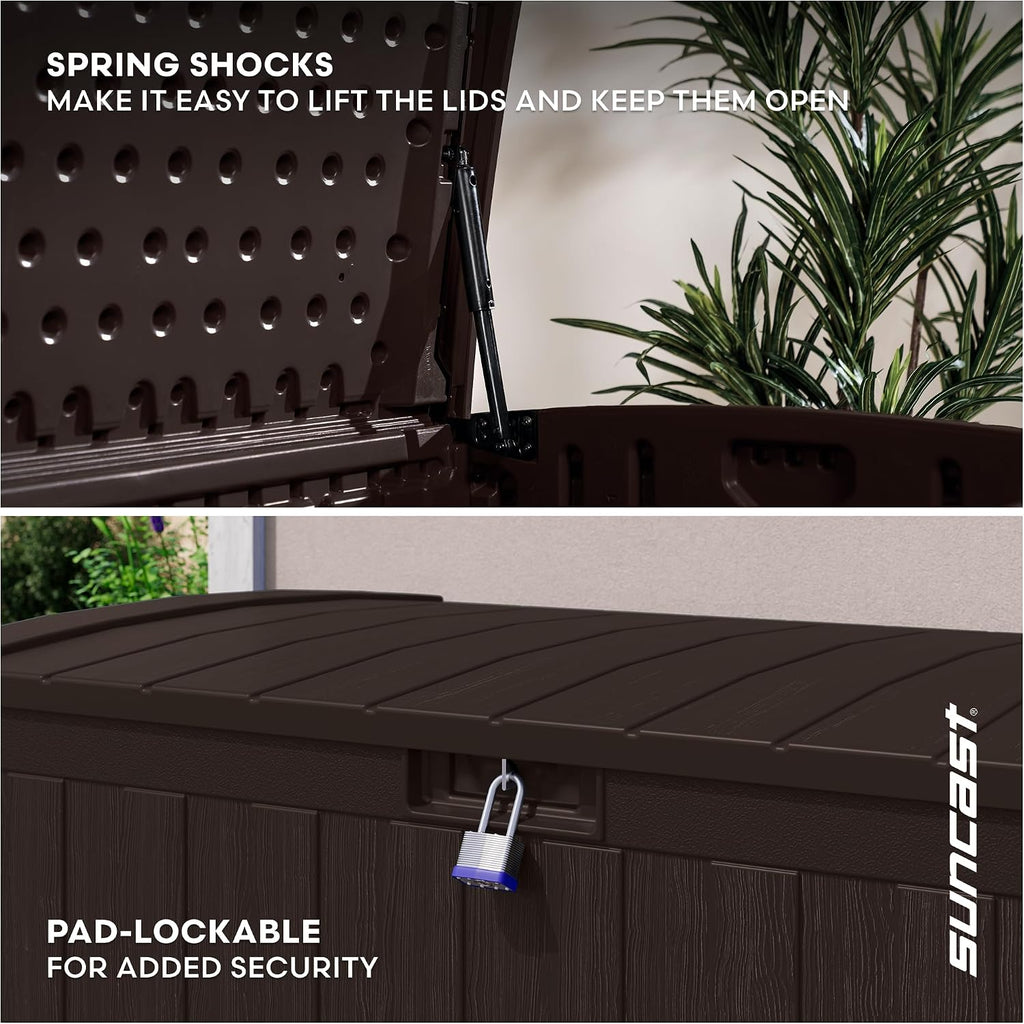 Suncast 134-Gal. Resin Extra-Large Outdoor Patio Deck Box with Pad-Lockable Lid, Modern Outdoor Patio Bench/Storage Box for Cushions, Garden Tools, and More, Java