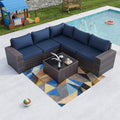 Kullavik Outdoor Patio Furniture Set 6 Pieces Sectional Rattan Sofa Set Brown PE Rattan Wicker Patio Conversation Set with 5 Seat Cushions and 1 Tempered Glass Table,Navy Blue