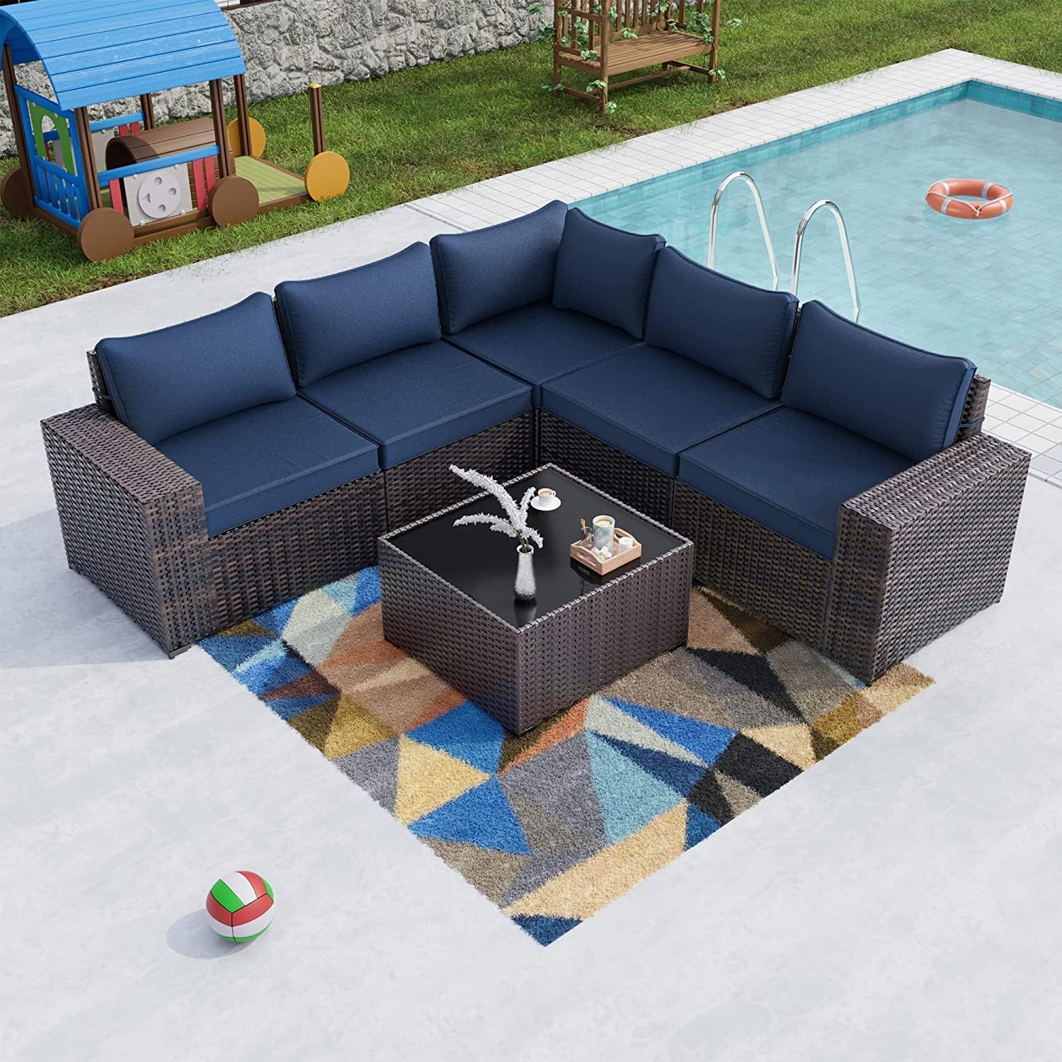 Kullavik Outdoor Patio Furniture Set 6 Pieces Sectional Rattan Sofa Set Brown PE Rattan Wicker Patio Conversation Set with 5 Seat Cushions and 1 Tempered Glass Table,Navy Blue
