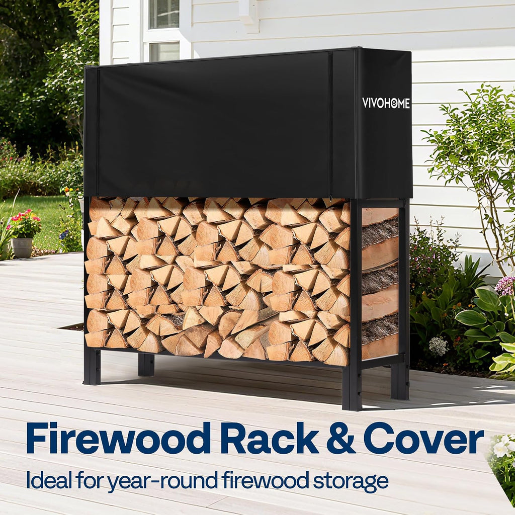 VIVOHOME Upgraded Heavy Duty 4 ft 1/4 Cord Firewood Rack Outdoor with Cover Combo Set, Thick Steel Log Holder Up to 2645 lb, Fire Wood Pile Storage Stand Organizer Black