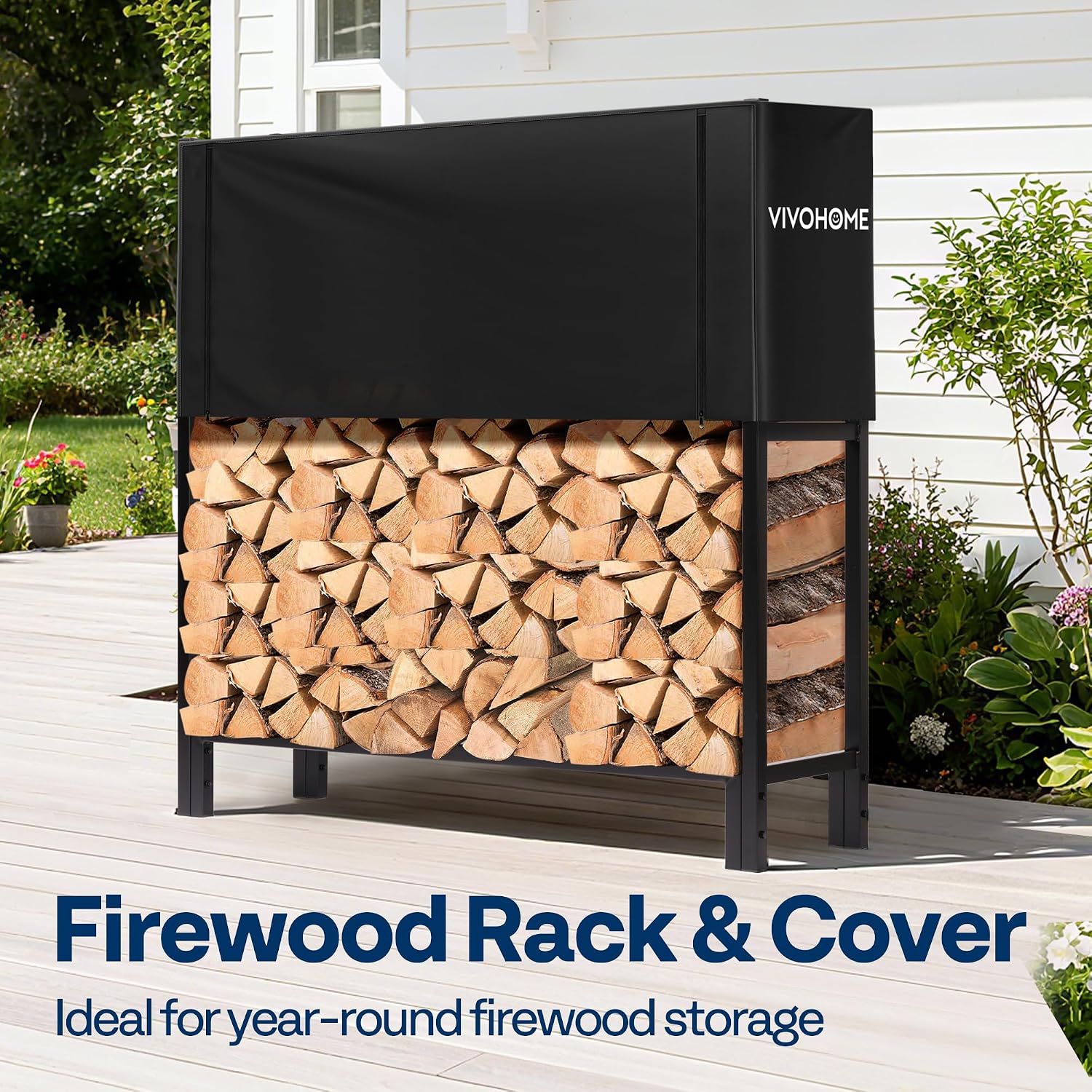 VIVOHOME Upgraded Heavy Duty 4 ft 1/4 Cord Firewood Rack Outdoor with Cover Combo Set, Thick Steel Log Holder Up to 2645 lb, Fire Wood Pile Storage Stand Organizer Black