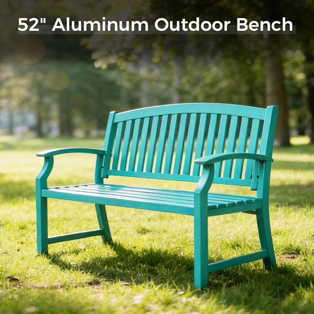 Grand patio 52' Farmhouse Outdoor Bench, Garden Benches with Anti-Rust Aluminum Powder Coated Frame, Faux Wood Grain Finish Frame Patio Bench for Front Porch, Turquoise Blue
