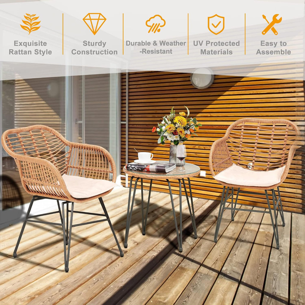 PROHIKER 3 Pieces Outdoor Wicker Bistro Patio Furniture Set, Porch Furniture Rattan Conversation Sets with Side Table and Cushions for Garden Poolside Backyard, Yellow/Beige