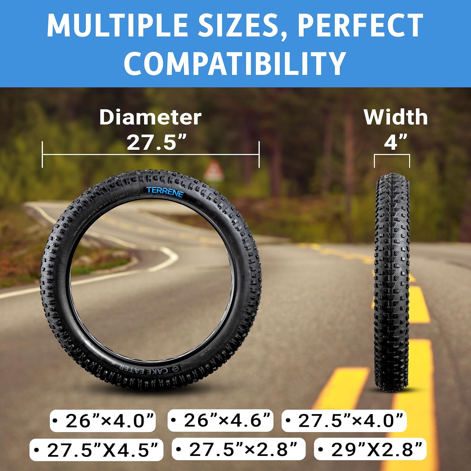 Fat Bike Tire by Terrene - Cake Eater Tubeless, Stud Capable, Fast Rolling Fat Tire - All Season Bike Accessories for Fat Tire and E-Bikes