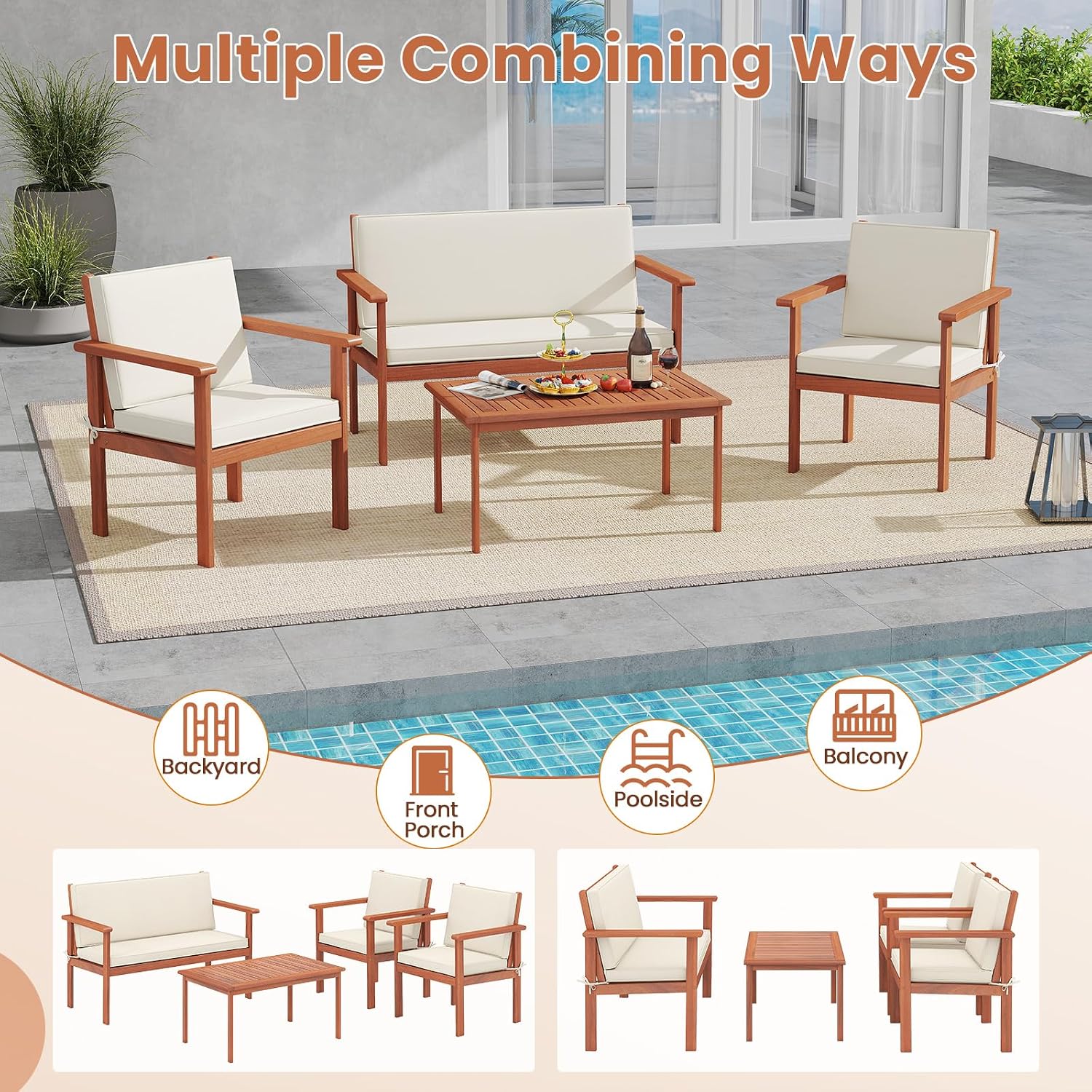 Tangkula 4 Pieces Acacia Wood Patio Conversation Set, Outdoor Wooden Cushioned Chairs & Slatted Coffee Table Set,for Backyard, Porch, Balcony, Poolside and Lawn (Off White,1)