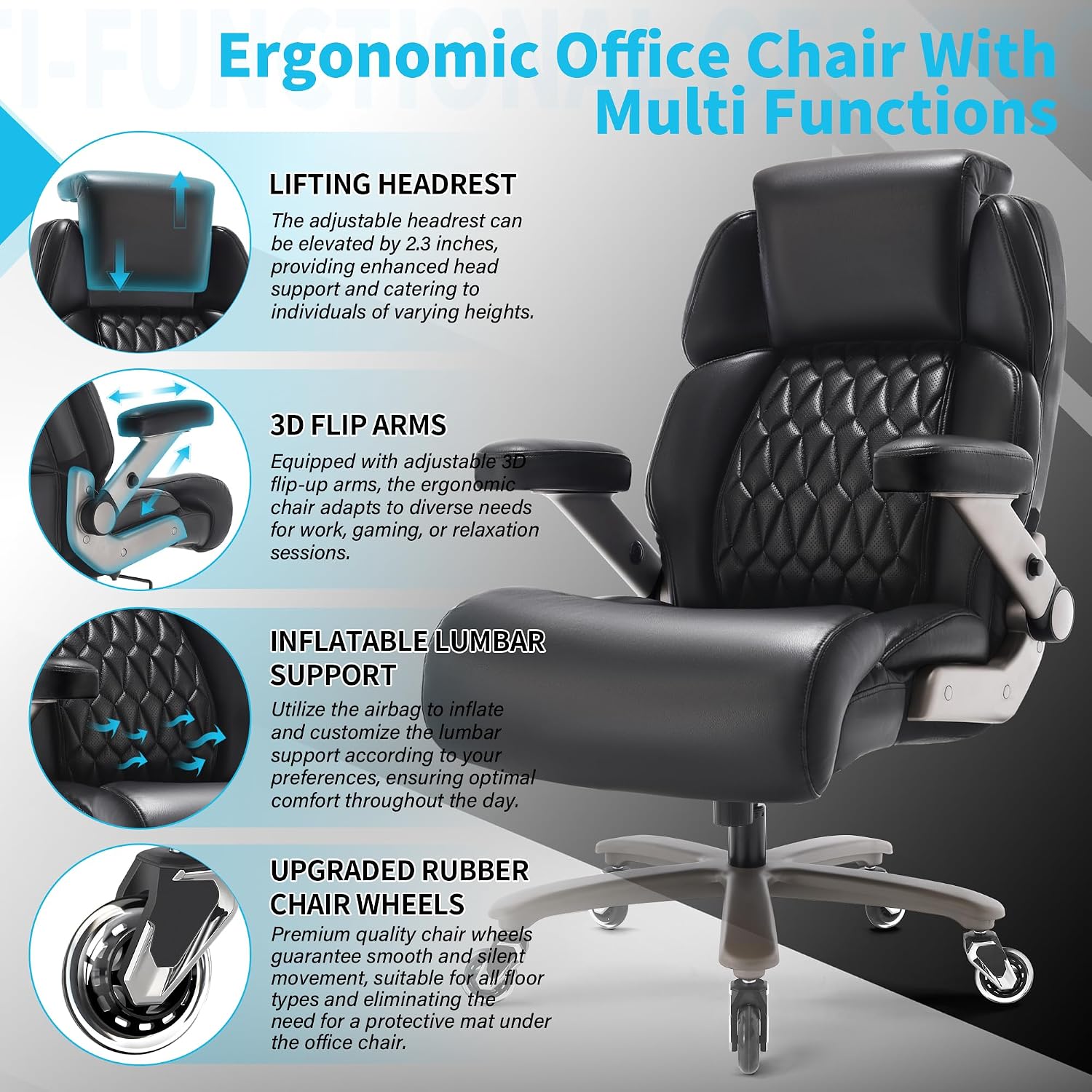 Big and Tall Office Chair 700lbs - Adjustable Headrest&Lumbar Support, 3D Flip Arms, Large Wheels &Heavy Duty Metal Base, Ergonomic High Back Computer Chair Desk Chair, Thick Padded Extra Wide Seat