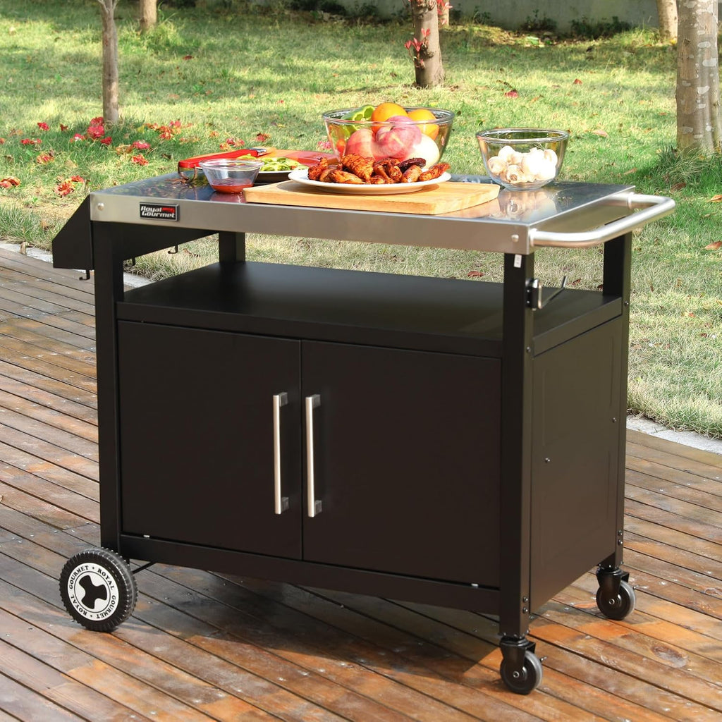 Outdoor Grill Cart with Wheels, Movable Kitchen Island with Storage Cabinet for BBQ, Stainless Steel Dining Cart Table for Food Prep, Black, PC3403S-SC