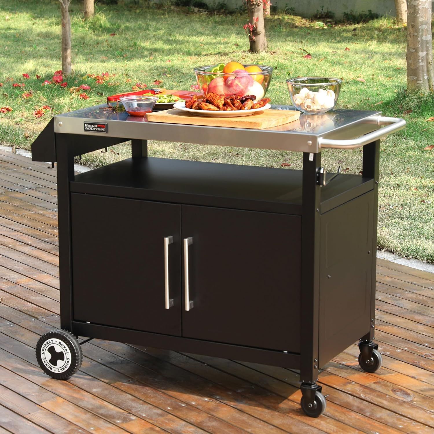 Outdoor Grill Cart with Wheels, Movable Kitchen Island with Storage Cabinet for BBQ, Stainless Steel Dining Cart Table for Food Prep, Black, PC3403S-SC