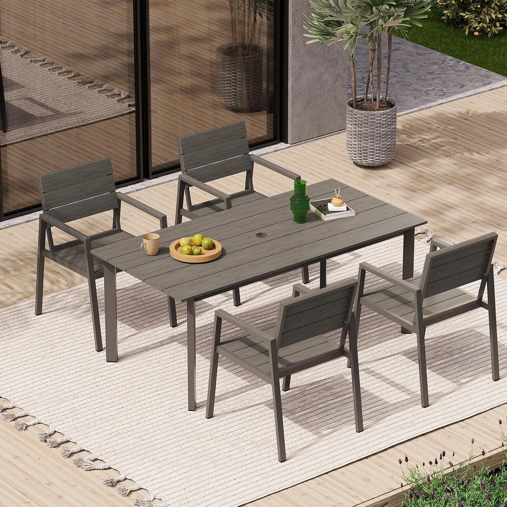 67' Rectangle HDPS Patio Dining Table, Aluminum Outdoor Patio Dining Table with Umbrella Hole, Weather-Resistant for Lawn, Garden, Yard, Poolside and Indoor Use (Gray & Teak)