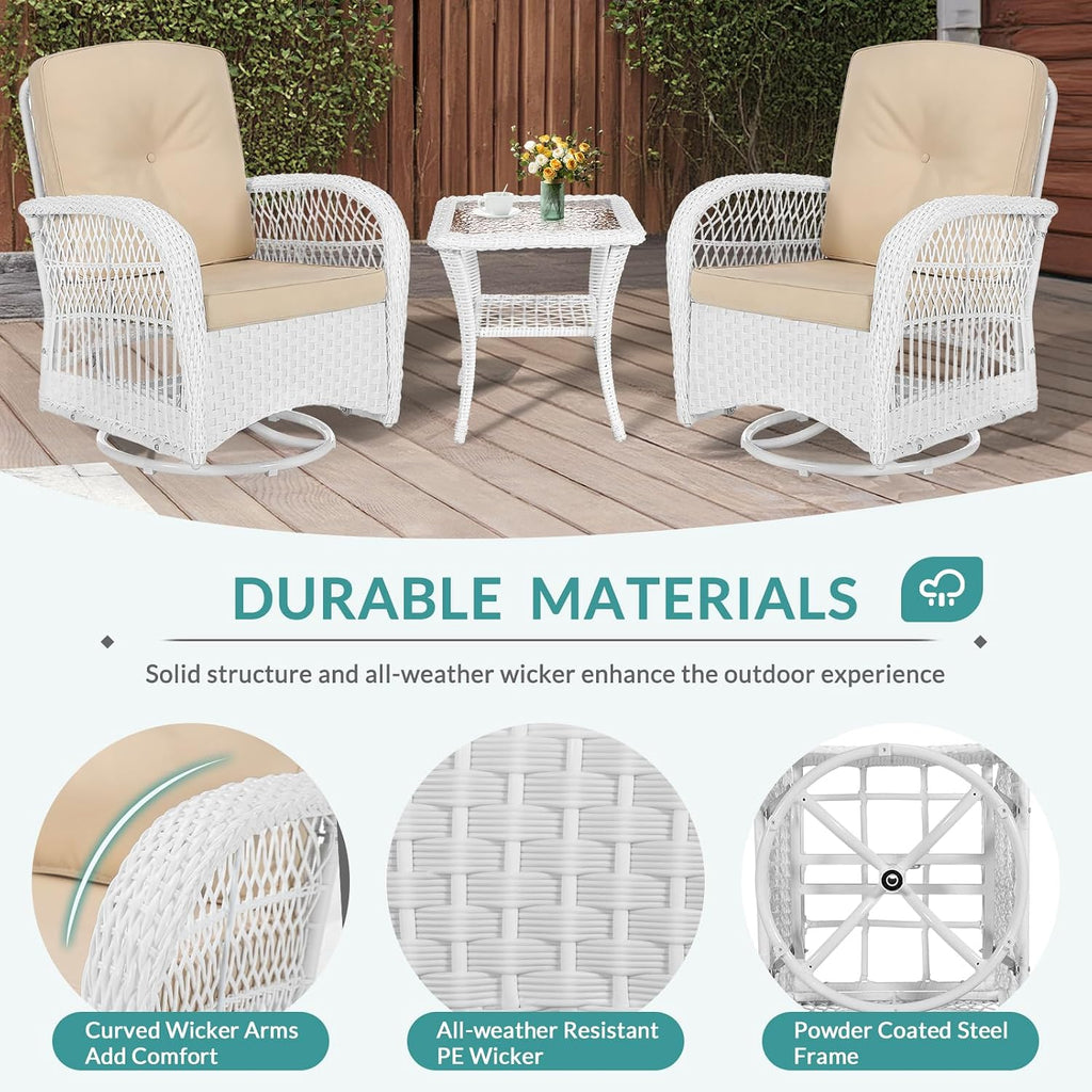 MEETWARM 3 Pieces Outdoor Wicker Swivel Rocker Patio Set, Rocking Chairs Rattan Patio Furniture Sets with Thickened Cushion and Glass-Top Coffee Table, Conversation Bistro Set, White Wicker/Beige
