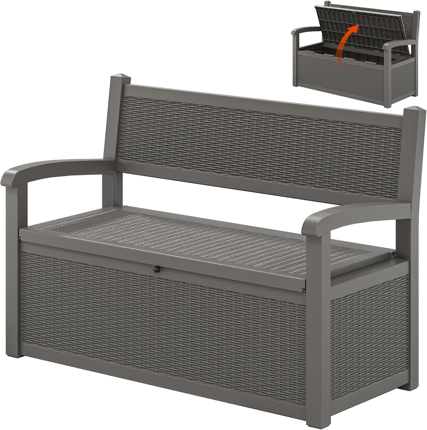 LHBcraft 70 Gallon Outdoor Storage Bench Deck Box Lockable for Patio Furniture, Outdoor Porch Bench with Storage Waterproof for Cushions, Garden Tools and Pool Supplies, Grey