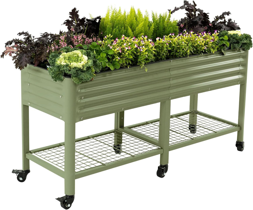 Rolling Elevated Raised Garden Bed-V Series, 2' x 6' Garden Beds with Legs & Storage Rack for Patio & Porch, 1000 Lbs Weight Capacity, Outdoor Planter Box for Vegetables Flower Herbs, Olive Green