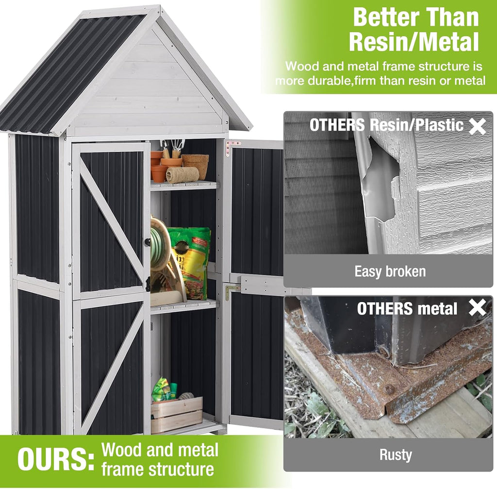 GUTINNEEN Outdoor Storage Cabinet, Wood & Metal Frame Garden Storage Shed with Waterproof Plastic Roof, Adjustable Shelves, Raised Base, Weather-Resistant Tool Shed for Backyard, Patio & Lawn, 67.5'H