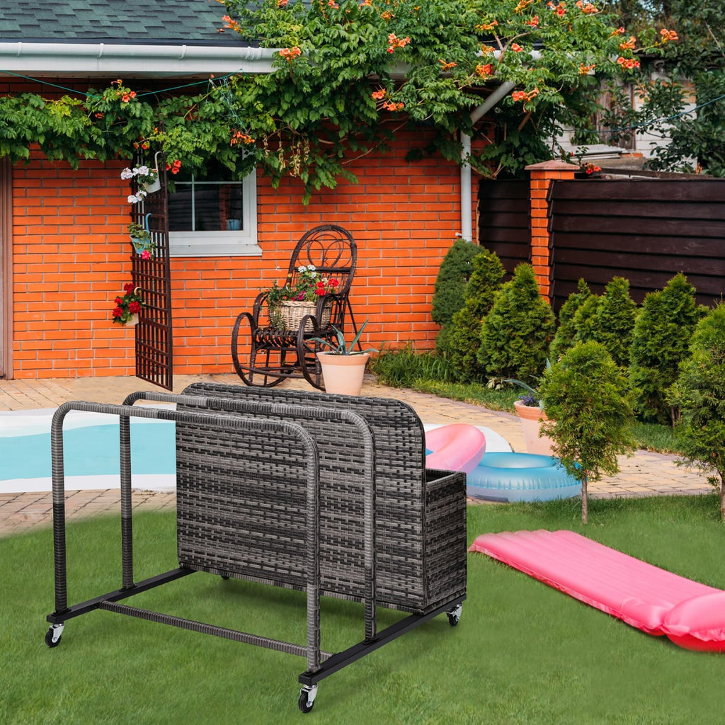 Poolside Float Storage Organizer, Pool Toy Storage Holder with Wicker Basket Outdoor Pool Float Holder Storage Rack Rolling Pool Caddy Cart Raft Holder Storage Rack for Pool Noodles Equipment Grey