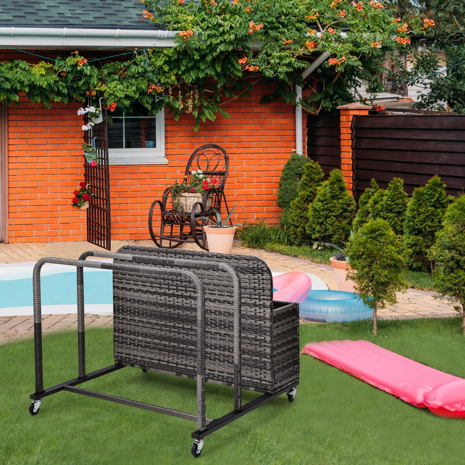 Poolside Float Storage Organizer, Pool Toy Storage Holder with Wicker Basket Outdoor Pool Float Holder Storage Rack Rolling Pool Caddy Cart Raft Holder Storage Rack for Pool Noodles Equipment Grey