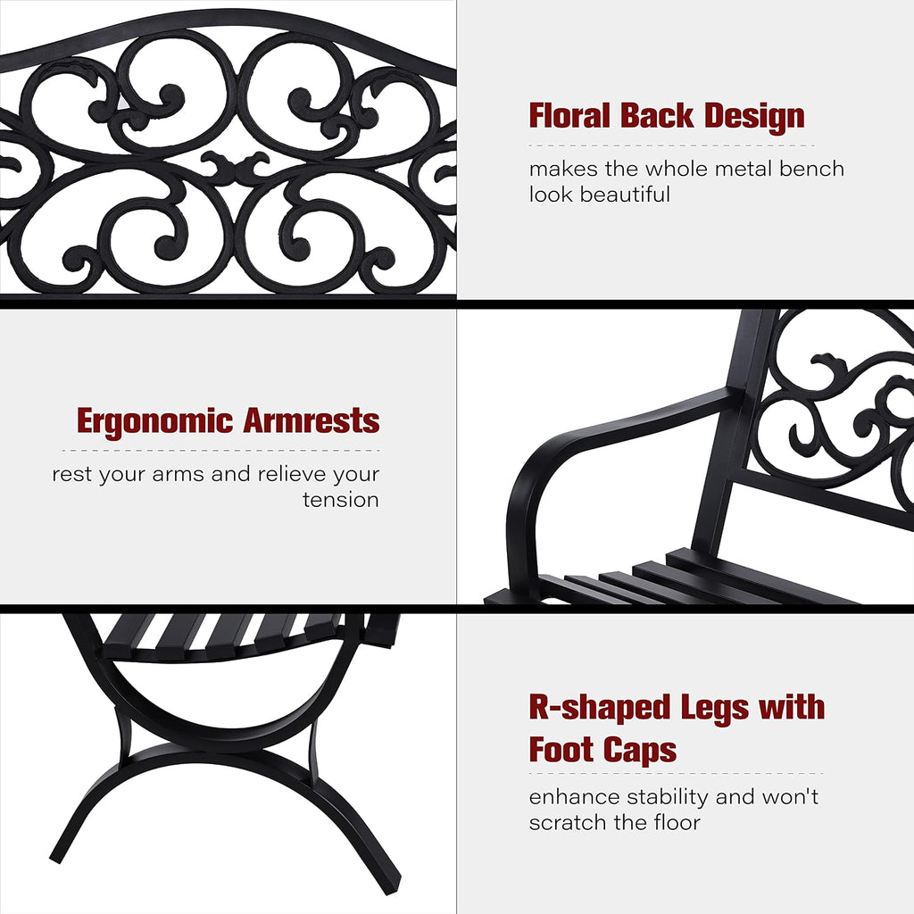 Sophia & William 50' Outdoor Garden Bench Patio Park Bench, Cast Iron Metal Frame Furniture with Floral Design Backrest for Porch Yard Lawn Deck, Black