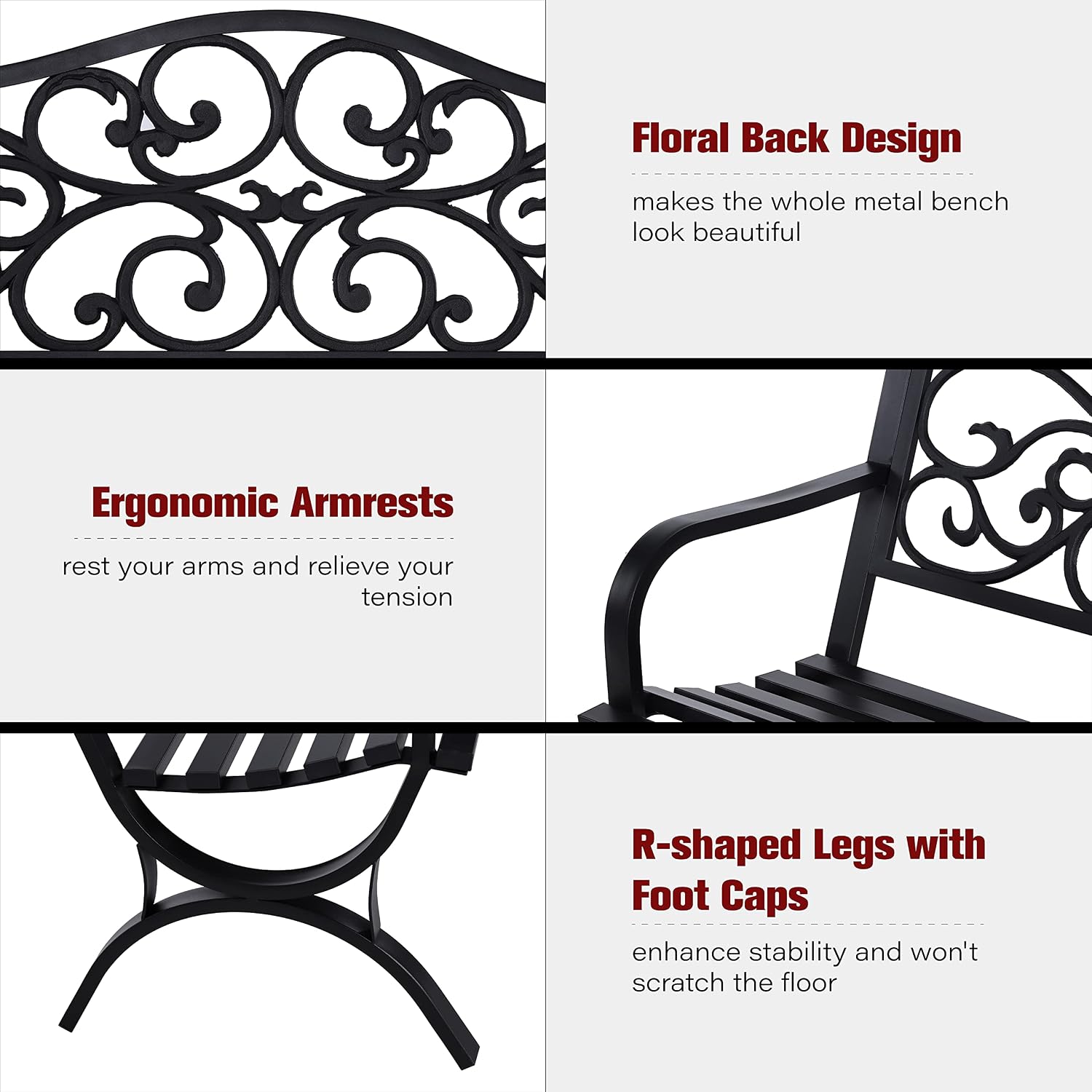 Sophia & William 50' Outdoor Garden Bench Patio Park Bench, Cast Iron Metal Frame Furniture with Floral Design Backrest for Porch Yard Lawn Deck, Black
