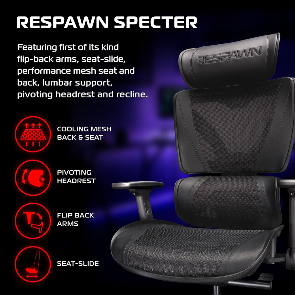Respawn Specter Ergonomic Office Chair with Lumbar Support, Headrest, Adjustable Arms - Comfy Breathable Mesh Computer Desk Seat for Home Office, High Back Reclining Gaming Chairs for Adults - Black