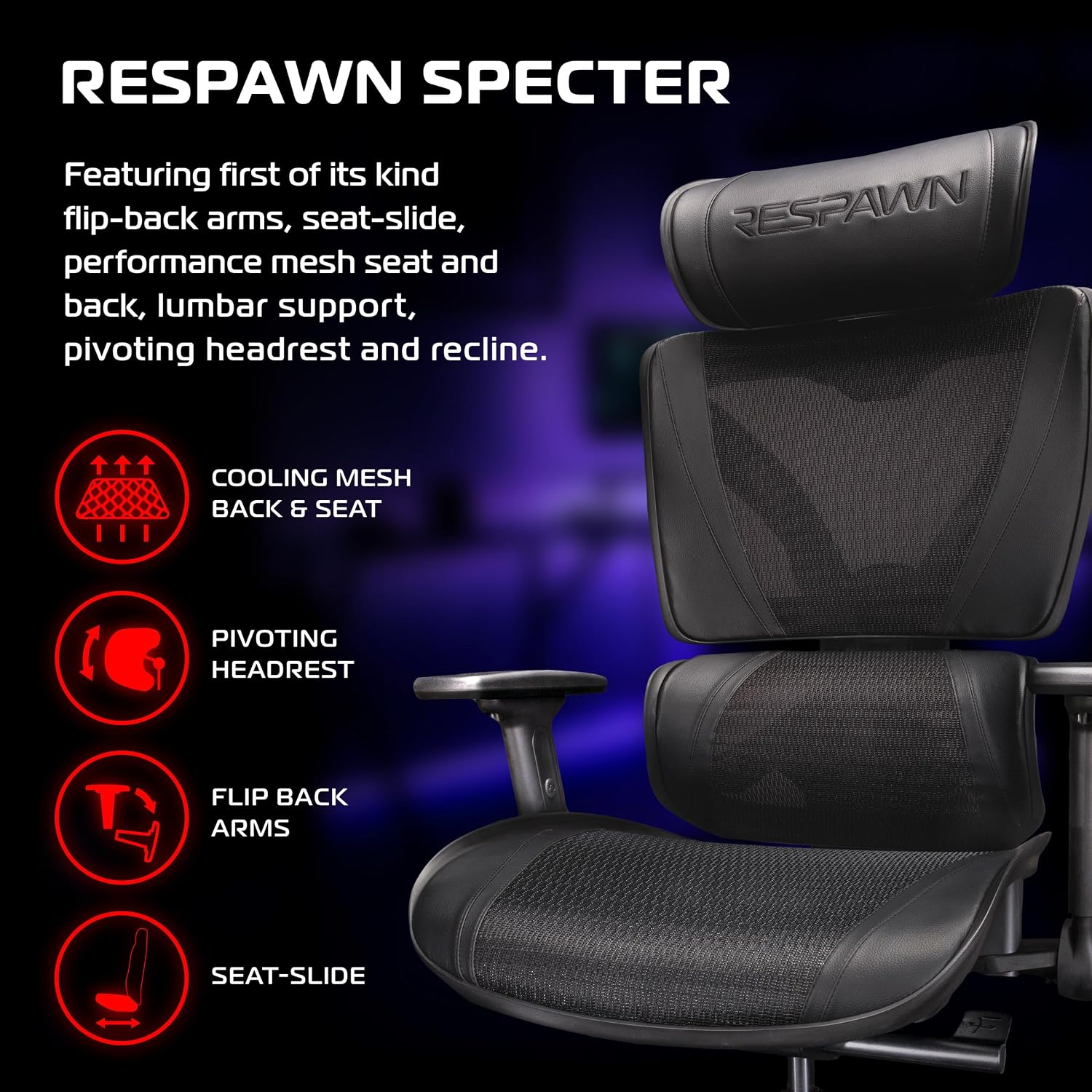 Respawn Specter Ergonomic Office Chair with Lumbar Support, Headrest, Adjustable Arms - Comfy Breathable Mesh Computer Desk Seat for Home Office, High Back Reclining Gaming Chairs for Adults - Black