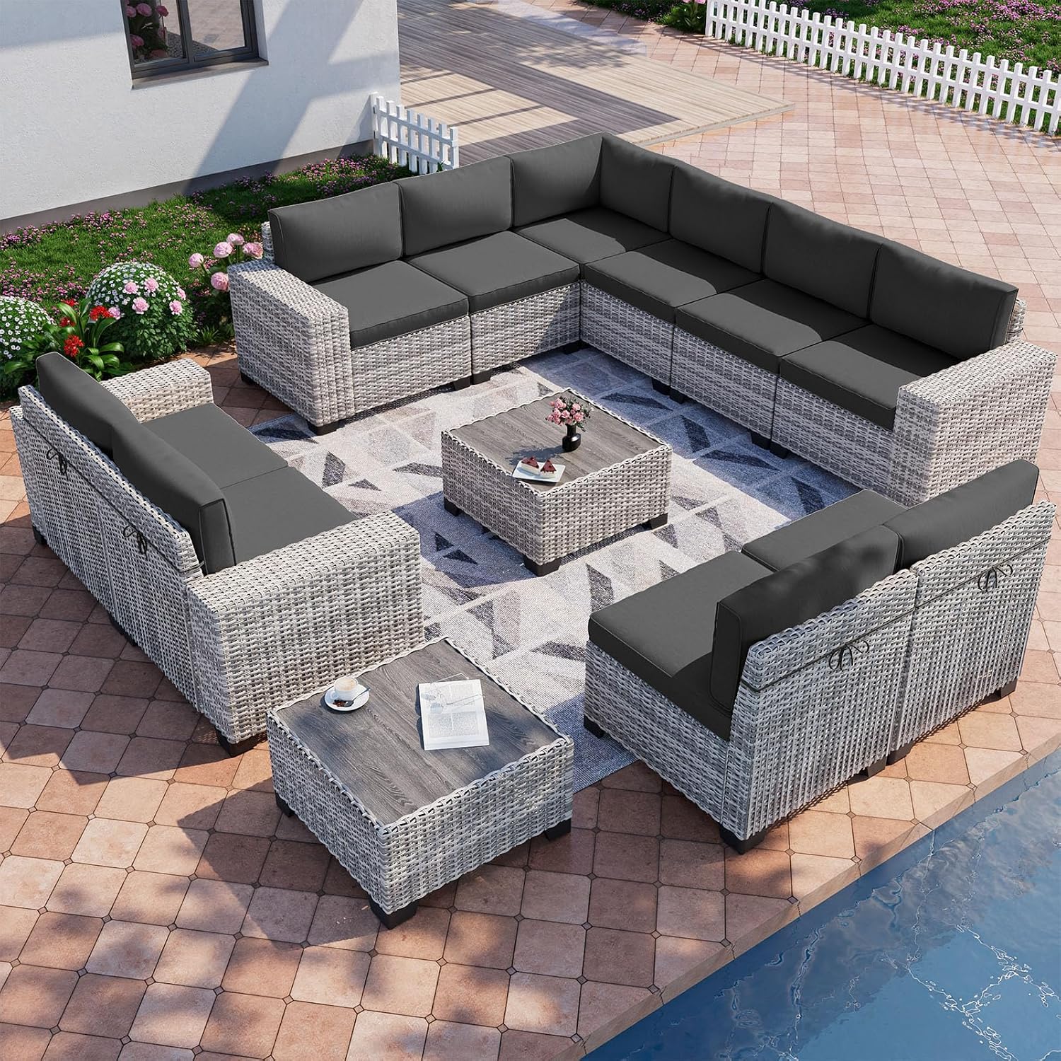 12-Piece Outdoor Patio Furniture Set Wicker Sectional Sofa Set, Patio Conversation Set with Thickened Cushions & Coffee Table for Garden, Backyard, Poolside, Dark Grey