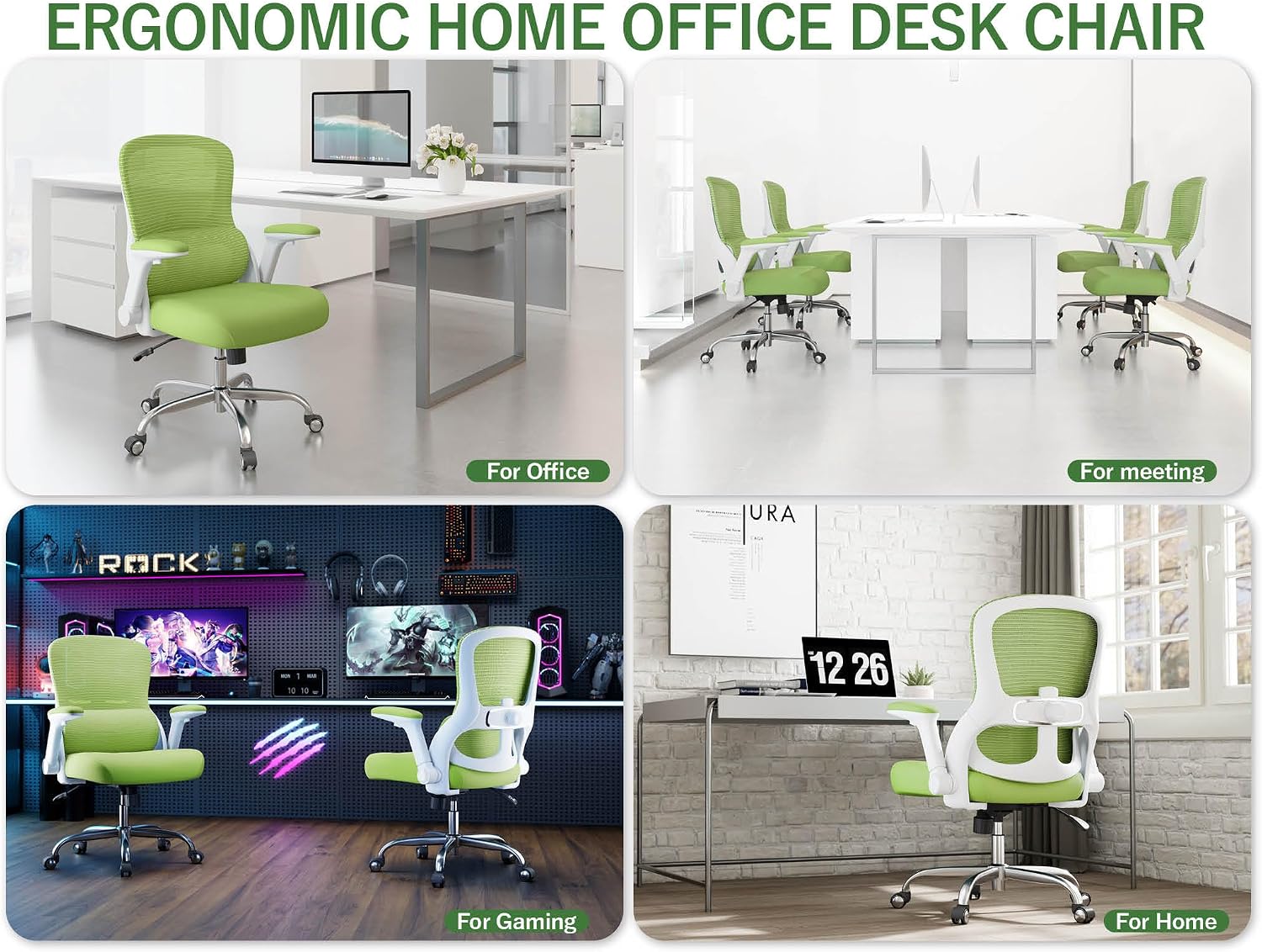 Office Chair Ergonomic Desk Chair Comfy: 400LBS Mesh Computer Chair Ergonomic Gaming Chairs with Wheels Adjustable Lumbar Support and Flip up Armrest-Swivel Executive Chairs Long Hours(Green)