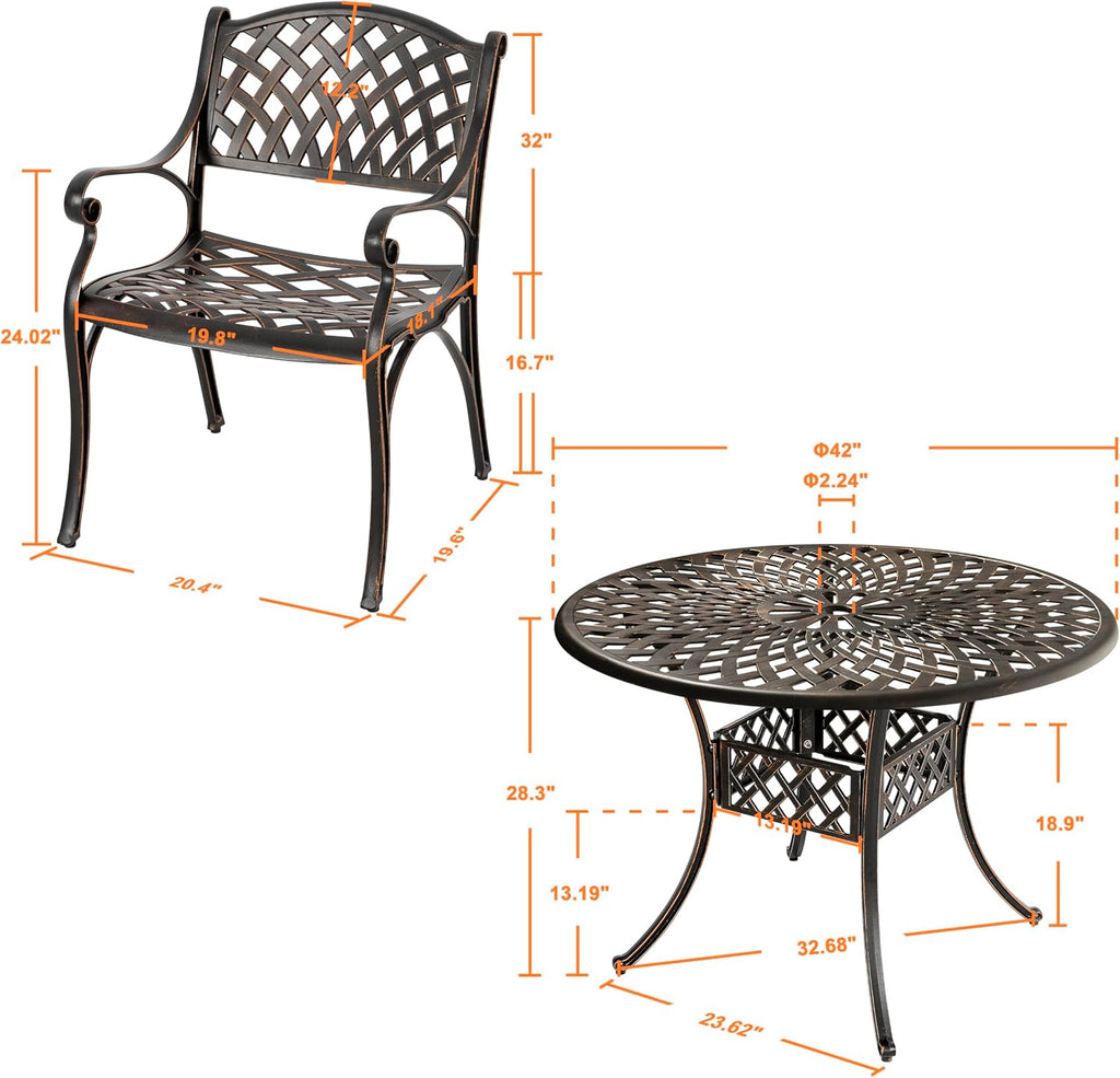 NUU GARDEN 5 Piece Outdoor Patio Dining Set, Cast Aluminum Round Dining Table with Umbrella Hole and Patio Dining Chairs for Patio, Garden, Backyard, Balcony, Black with Bronze Edge