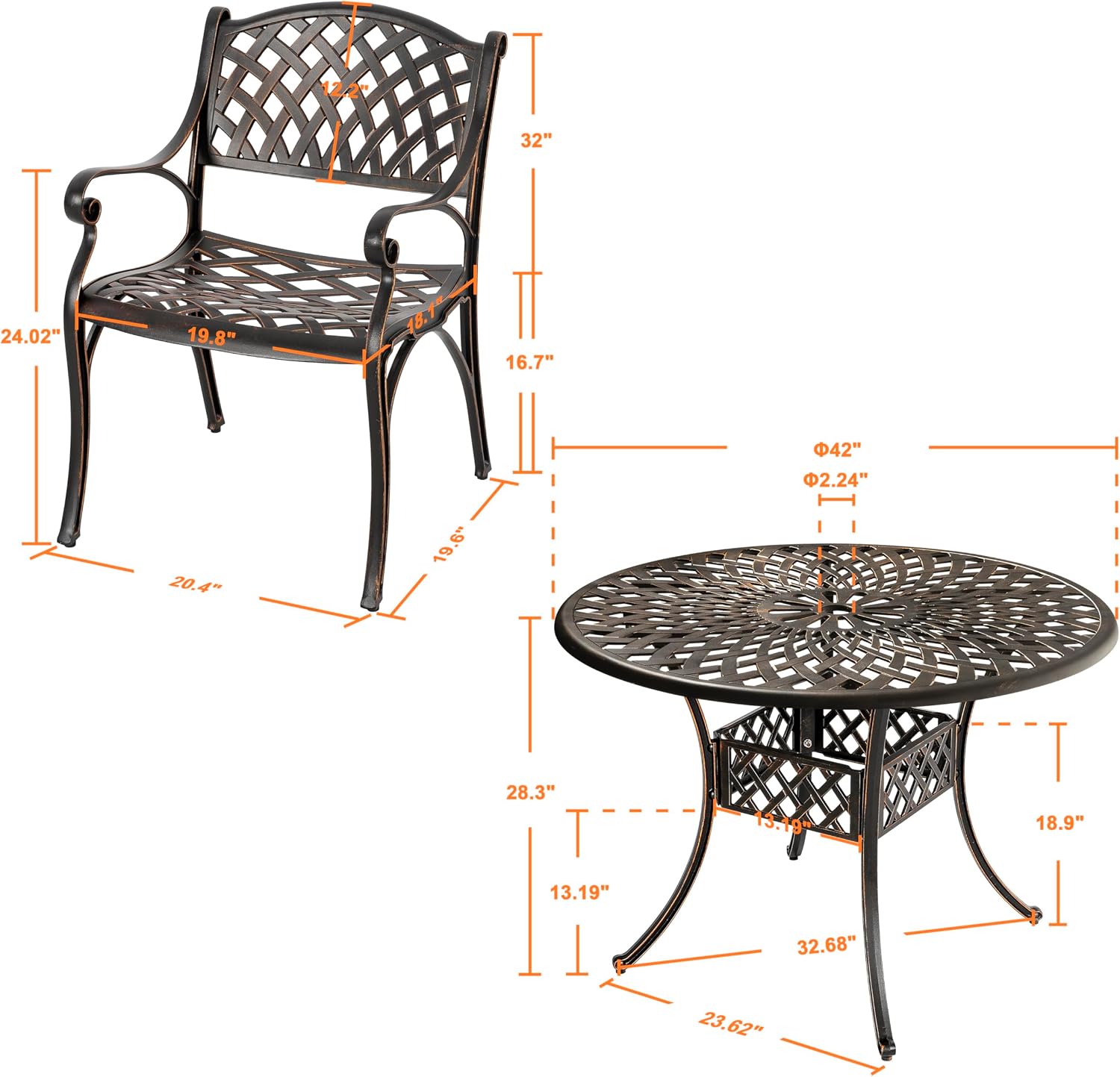 NUU GARDEN 5 Piece Outdoor Patio Dining Set, Cast Aluminum Round Dining Table with Umbrella Hole and Patio Dining Chairs for Patio, Garden, Backyard, Balcony, Black with Bronze Edge