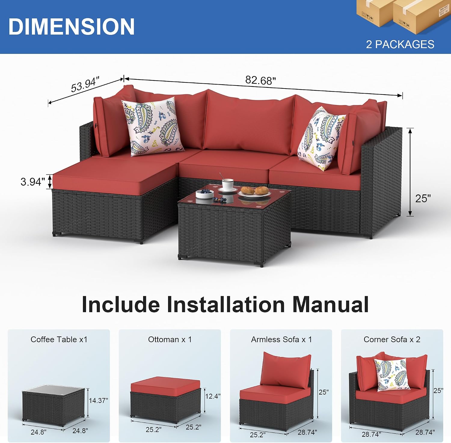 Patio Furniture Set, 5PCS Outdoor Sectional with Ottoman Wicker Rattan Patio Couch with Thickened Cushion Modular Wicker Patio Conversation Set with Glass Top Table for Balcony, Backyard (Burgundy)