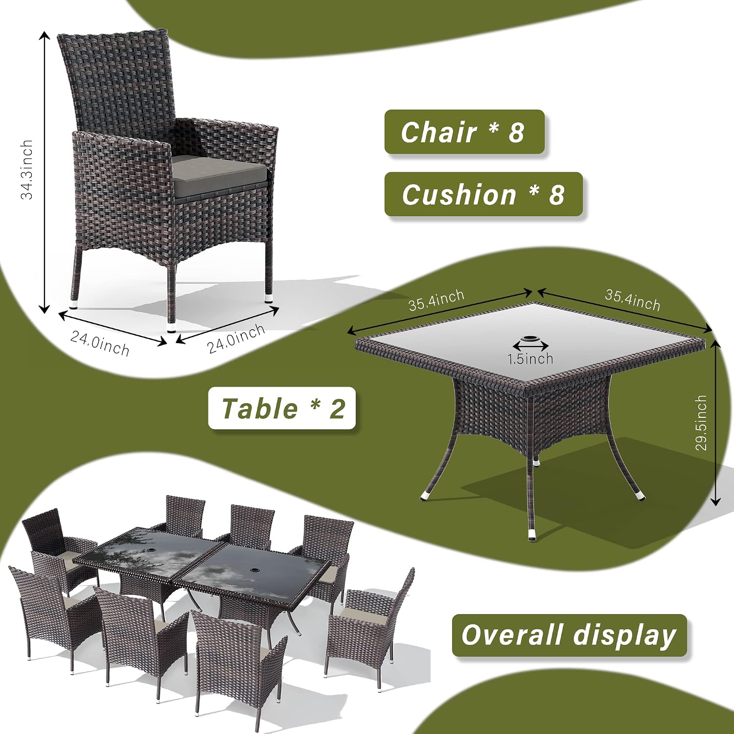 10 Pieces Outdoor Patio Dining Set,Patio Table and Chairs Rattan Outdoor Patio Furniture Set with Umbrella Hole,Dining Table Set for 8 with Chairs for Backyard,Garden and Kitchen,Grey