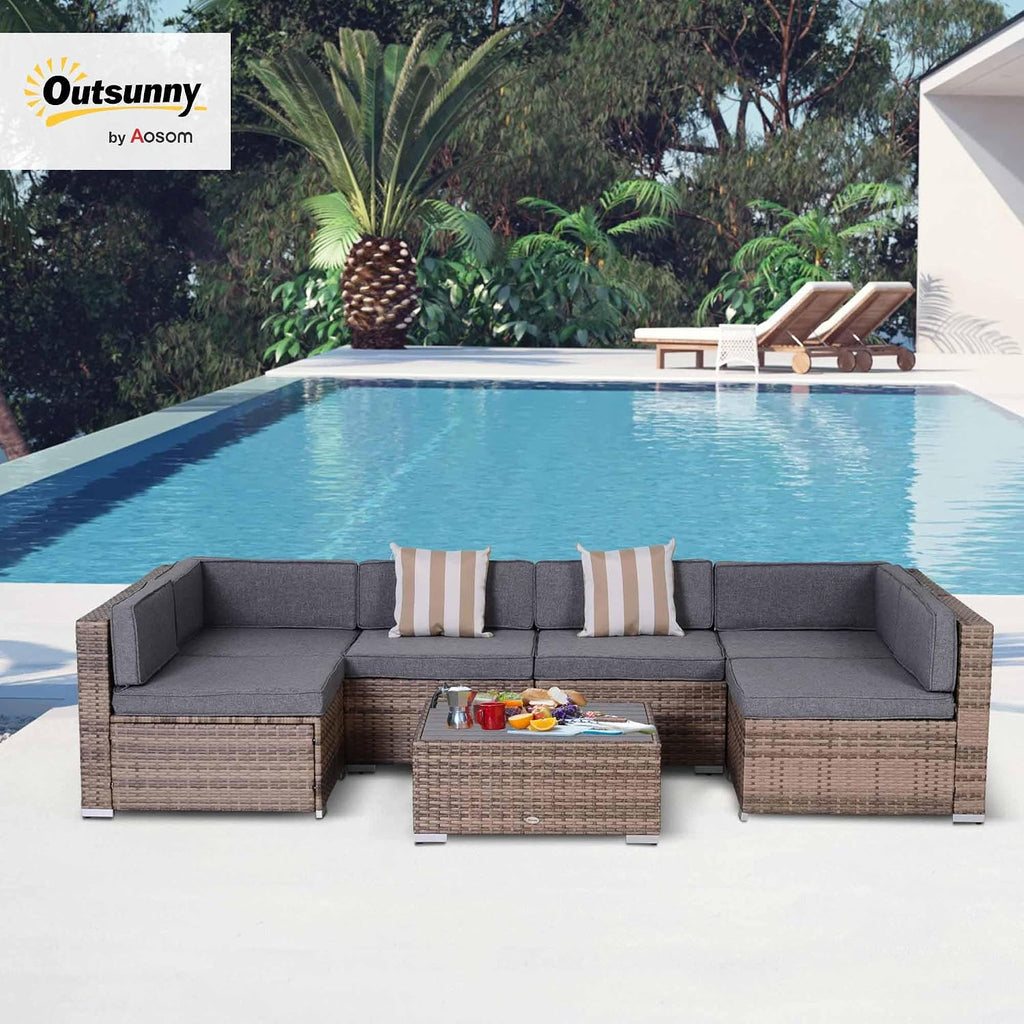 Outsunny 7 Piece Patio Furniture Set, Wicker Outdoor Sectional Sofa Set, All Weather PE Rattan Outdoor Furniture Conversation Sets with Cushions, Faux Wood Coffee Table, Striped Pillows, Gray