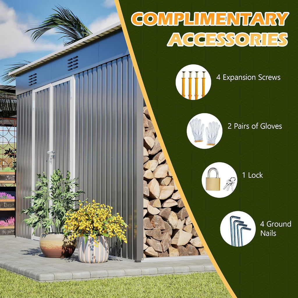 YOPTO 4x10 FT Outdoor Storage Shed with Floor,Metal Shed W/Log Store,Garden Tool Storage House W/Lockable Door & Sloped Roof,for Backyard,Patio,Lawn,Gray