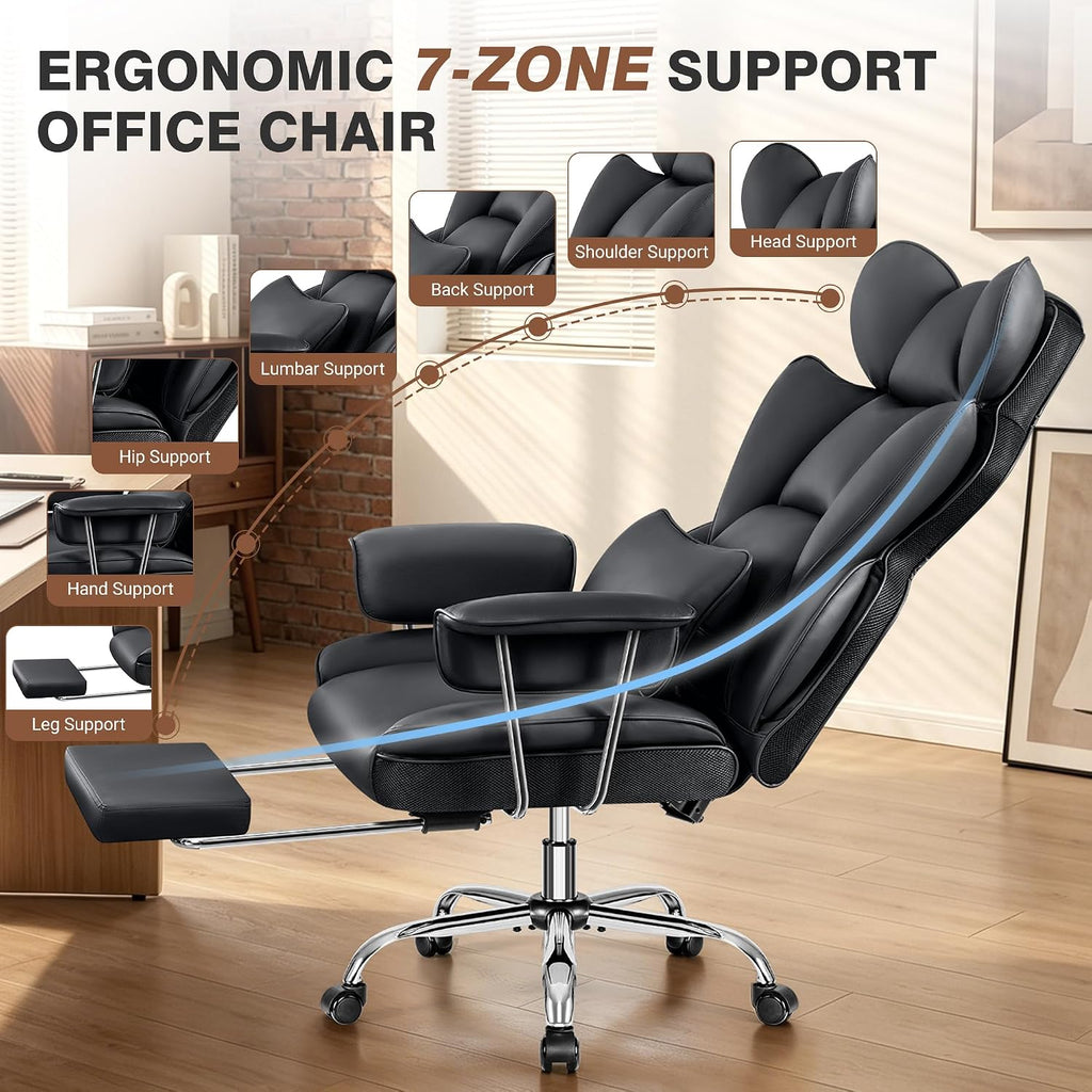 ALLGOD Big and Tall Ergonomic Office Chair with Footrest, High Back Executive Leather Office Chair, Reclining Computer Desk Chair, Comfy Heavy Duty Home Gaming Chair with Padded Arm, Black-2 Pack